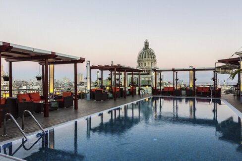 The rooftop pool—a rare amenity—at the Hotel Saratoga