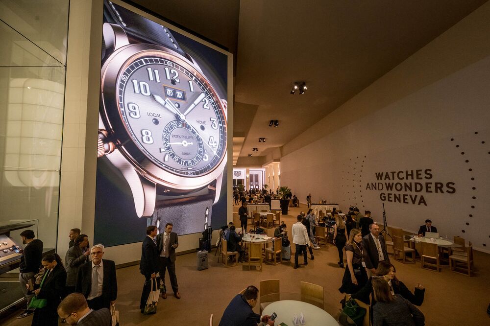 This photograph taken on April 9, 2024, shows a general view next to Swiss luxury watch and clock manufacturer Patek Philippe, during the opening day of the "Watches and Wonders Geneva" luxury watch fair, in Geneva