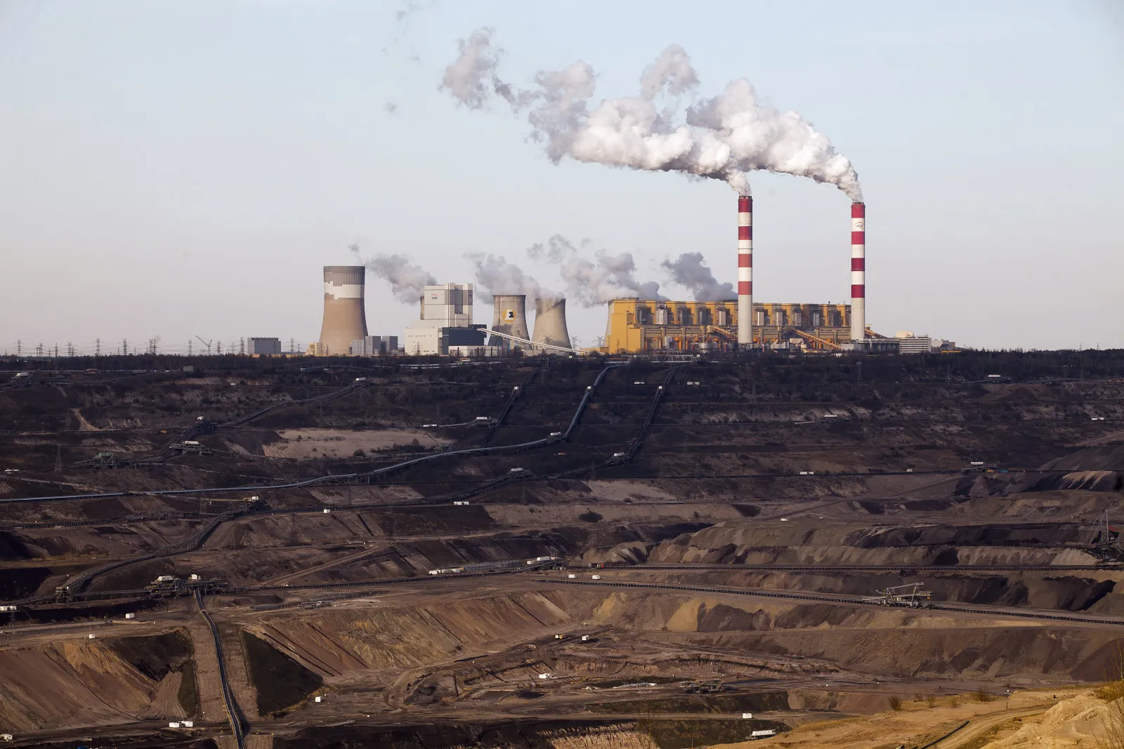 Conveyor systems transport lignite to the PGE SA Belchatow power plant in Belchatow, Poland.
