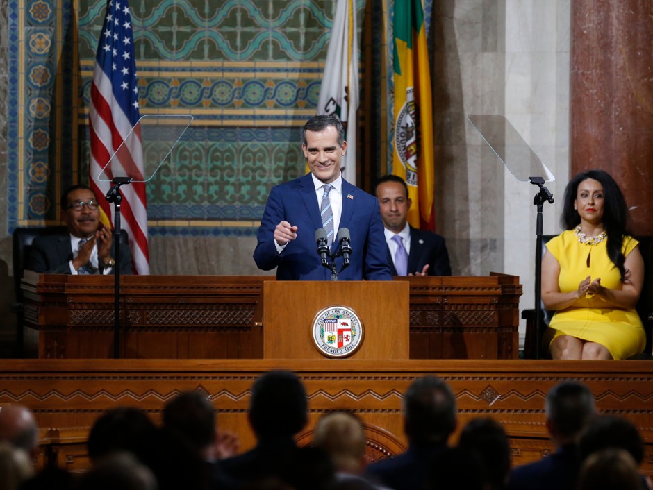 Los Angeles Mayor Eric Garcetti delivers his state of the city address April 16. 