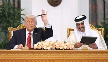 This is the picture of US President Donald Trump and Emir of Qatar Tamim bin Hamad al Thani attend a signing ceremony in Doha, Qatar, in May