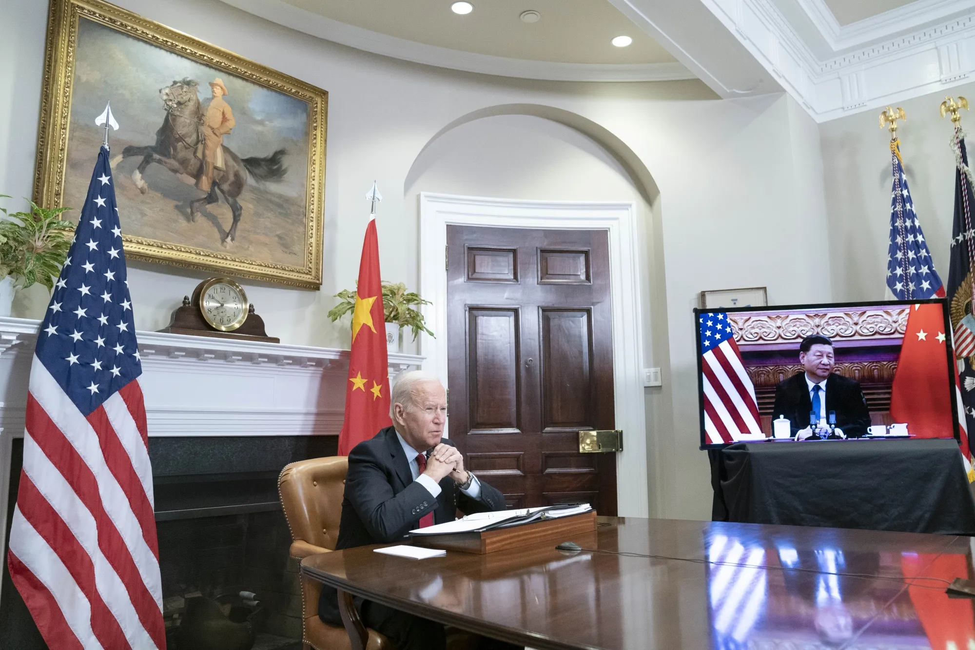 President Joe Biden speaks while meeting virtually with Chinese President&nbsp;Xi Jinping&nbsp;in the Roosevelt Room of the White House on Nov. 15.