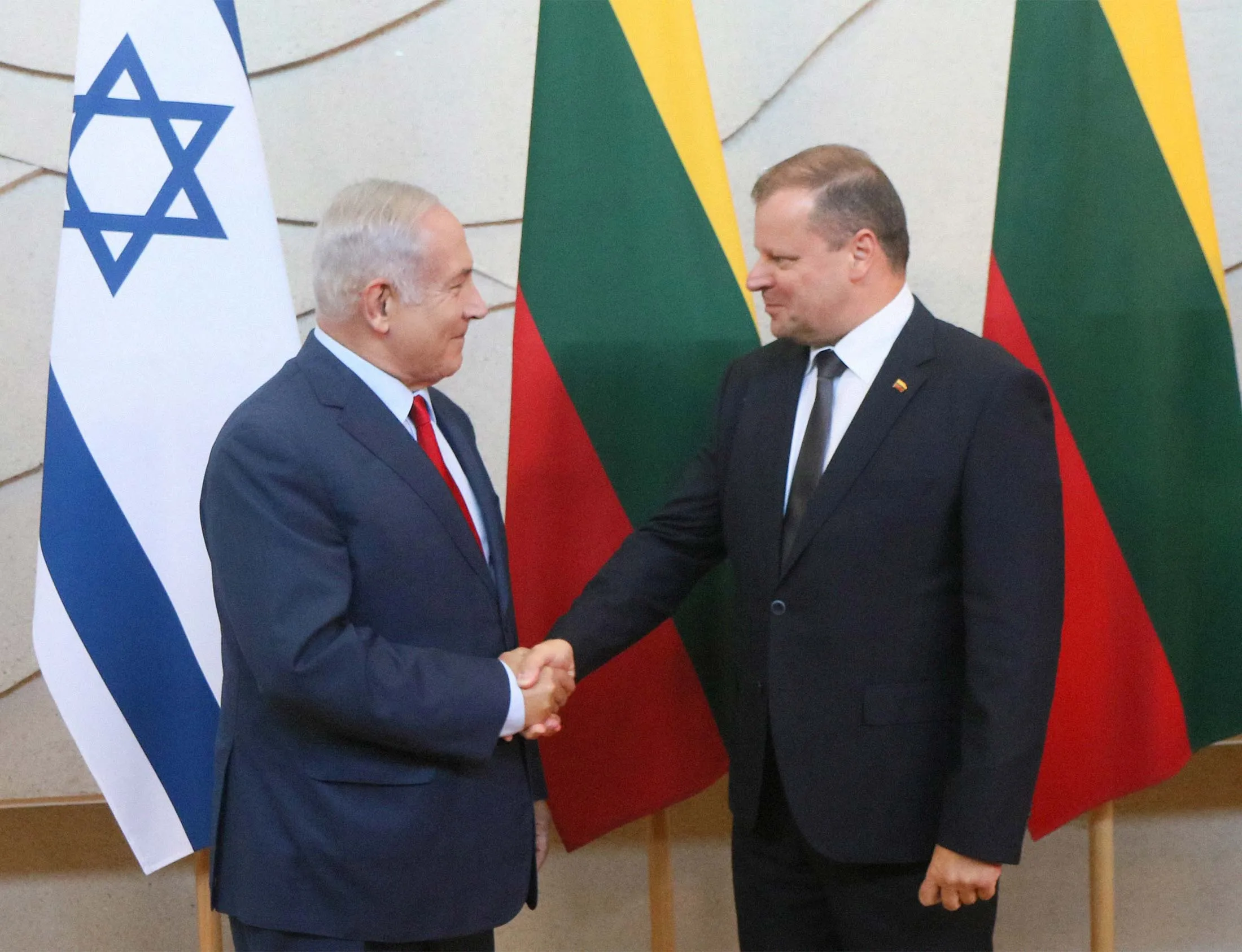 Israeli Prime Minister Benjamin Netanyahu (left) shakes hands with his Lithuanian counterpart Saulius Skvernelis in Vilnius on Aug. 23, 2018.&nbsp;