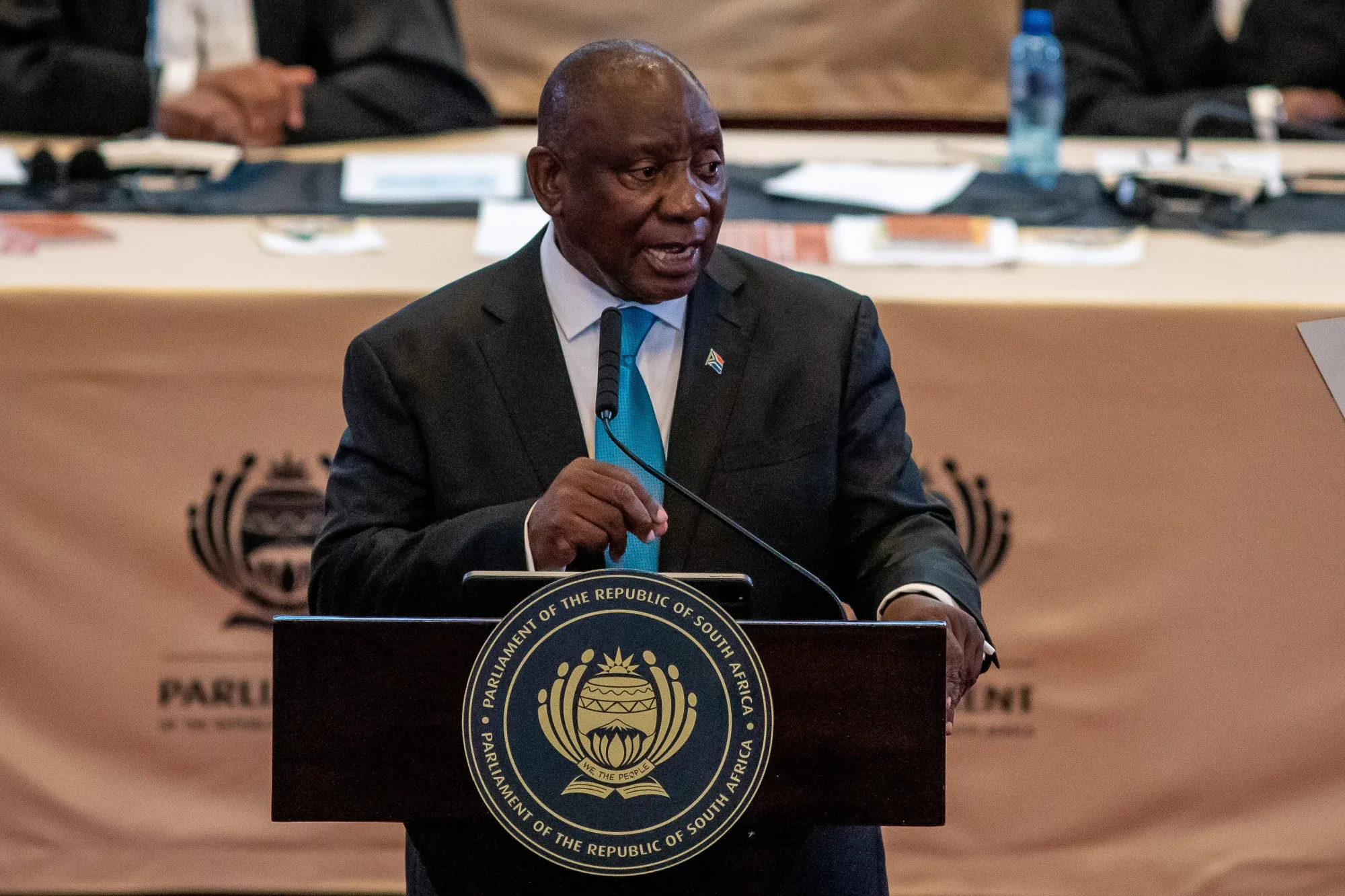 South African President Cyril Ramaphosa delivers his state-of-the-nation address in Cape Town, on Feb. 12.