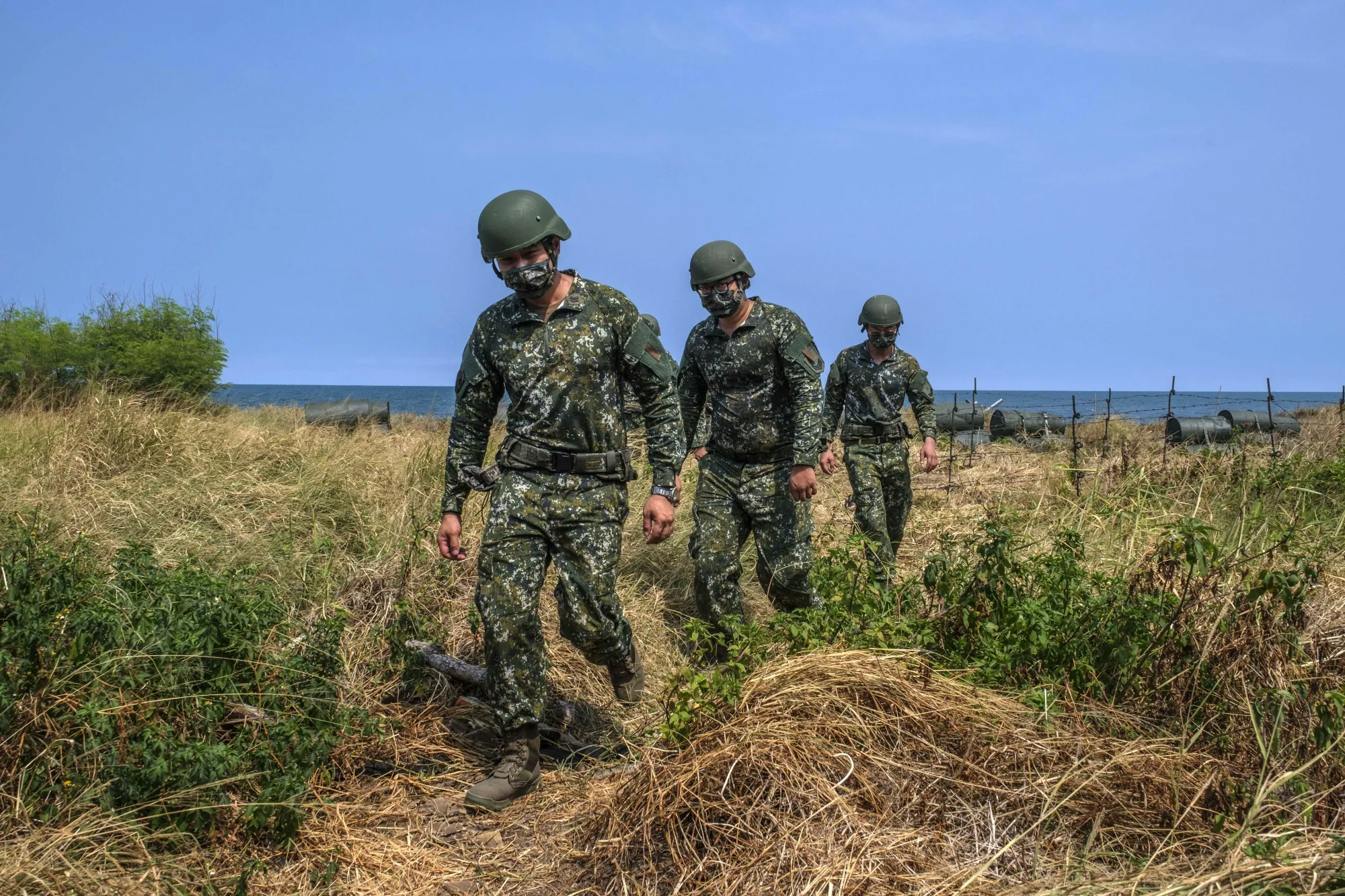 Soldiers at a beach during a military exercise in Miaoli, Taiwan.
