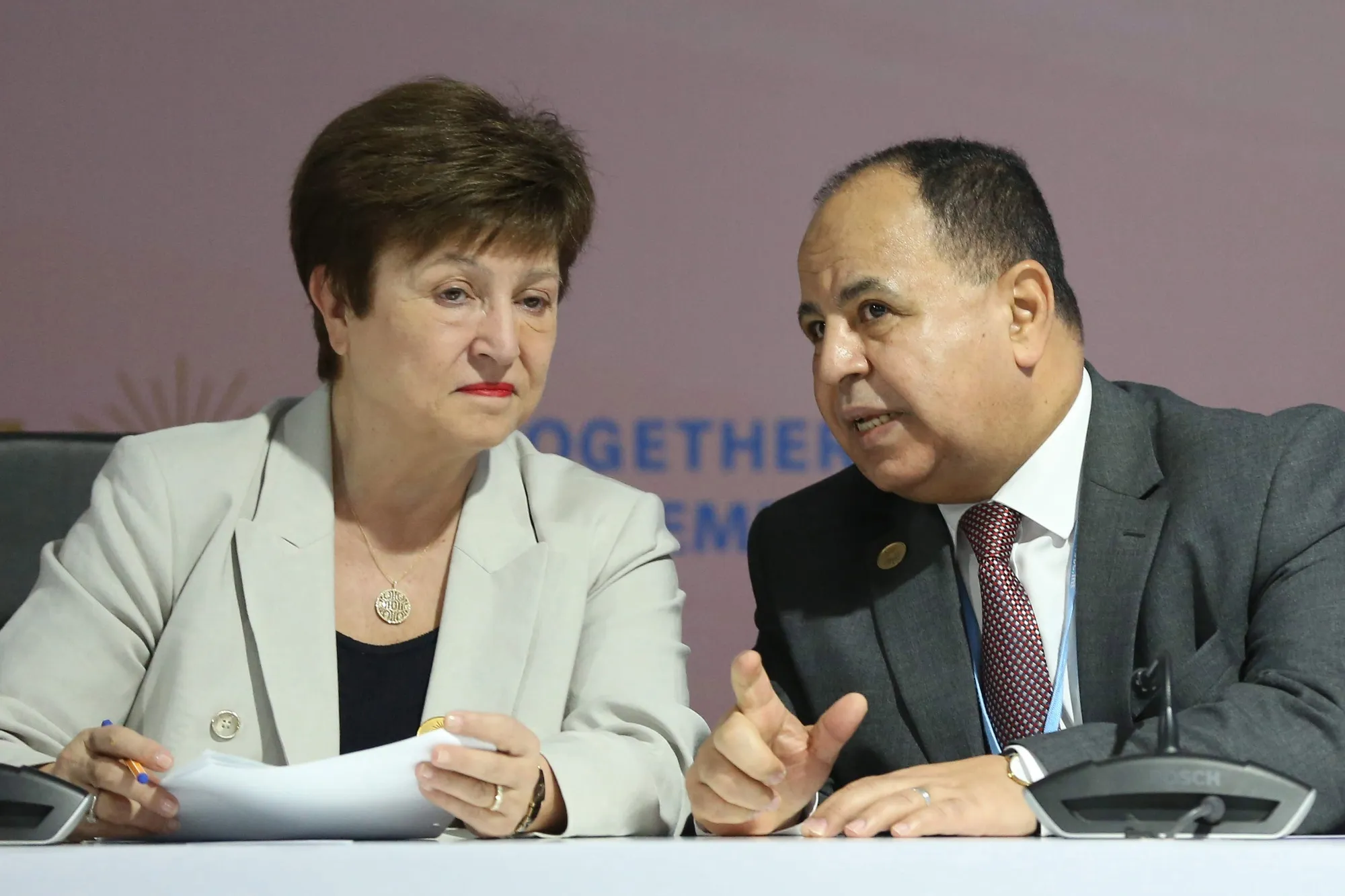 Kristalina Georgieva, left, and Mohamed Ahmed Maait speak during a panel session at the COP27 climate conference in Sharm el-Sheikh, Egypt, on Nov. 9, 2022.