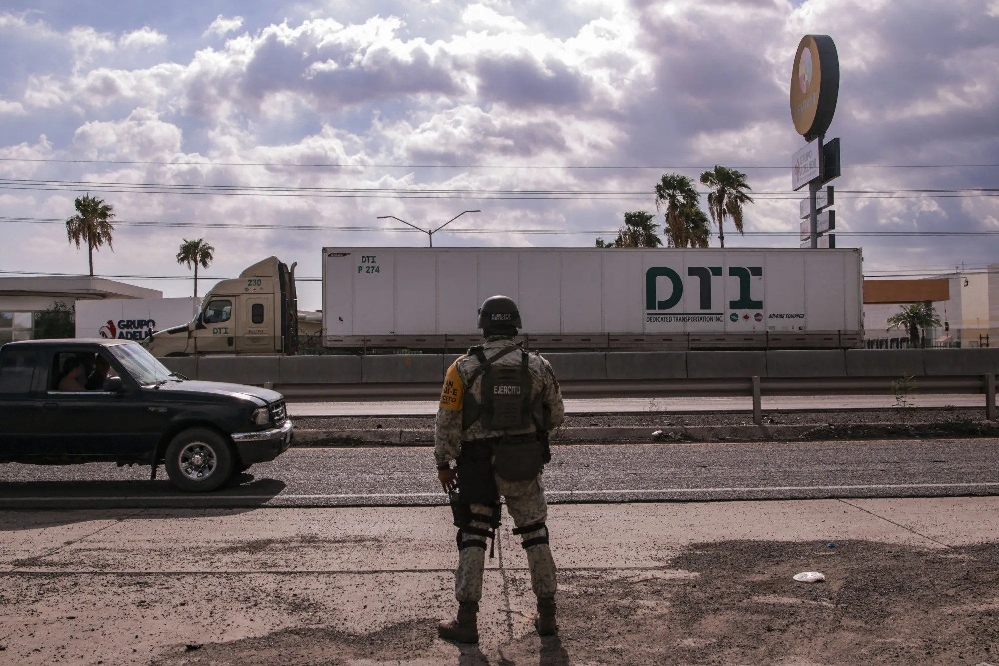 A Mexican soldier guards a highway&nbsp;in Culiacan, Sinaloa State, Mexico.