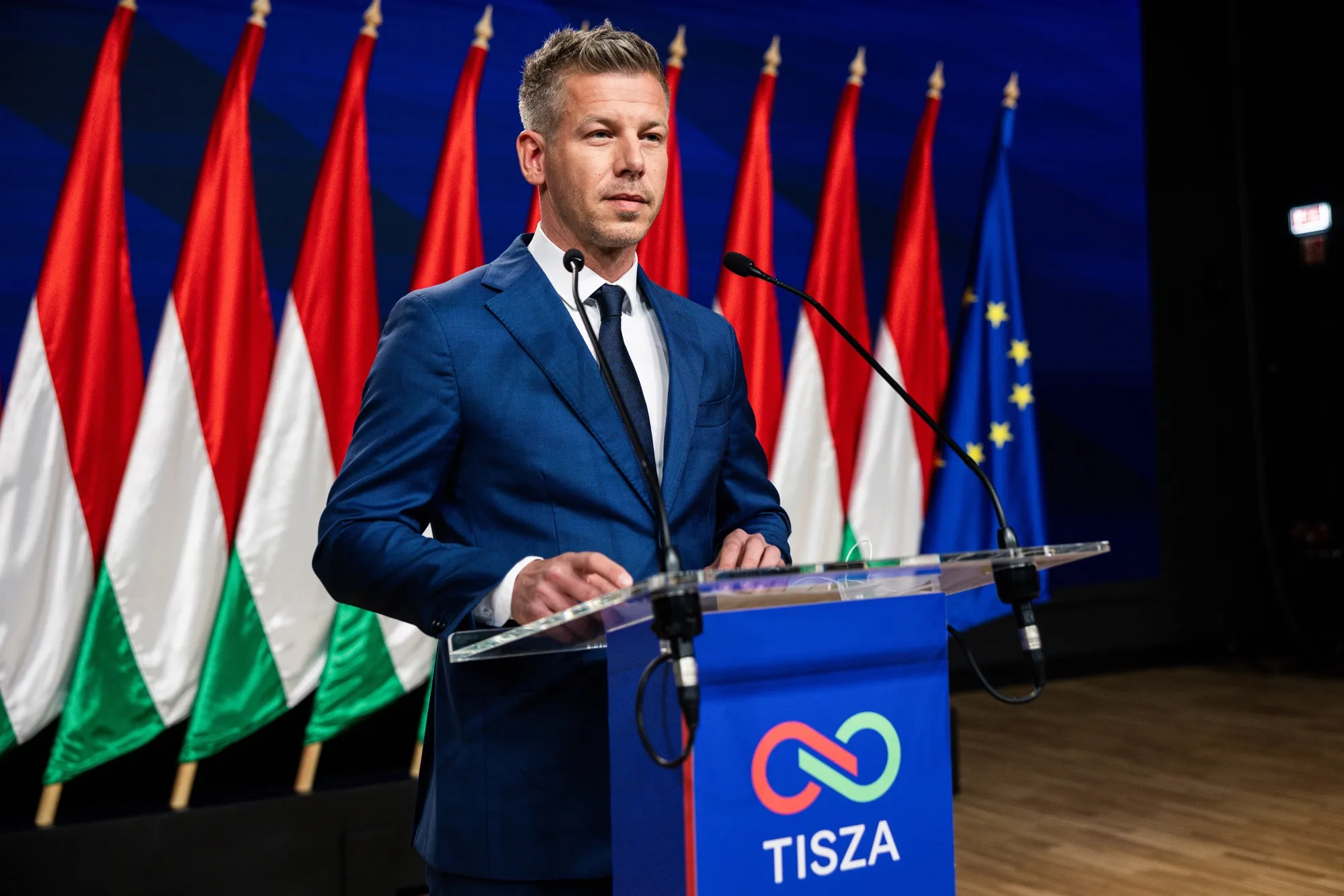 Peter Magyar during a news conference following his election victory, on April 13.