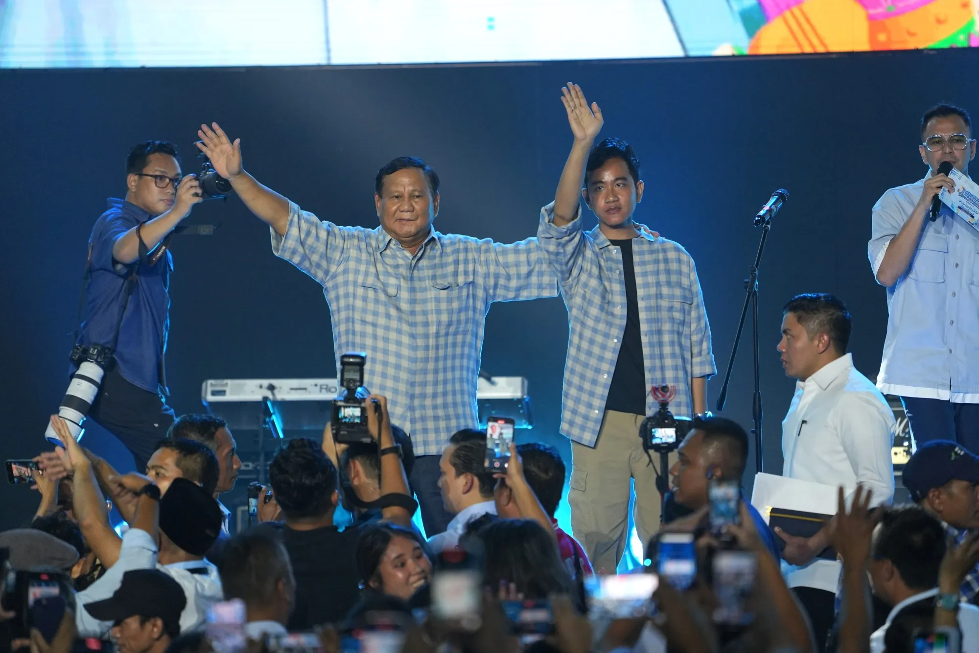 Prabowo Subianto and Gibran Rakabuming Raka at Istora senayan in Jakarta on Feb. 14.