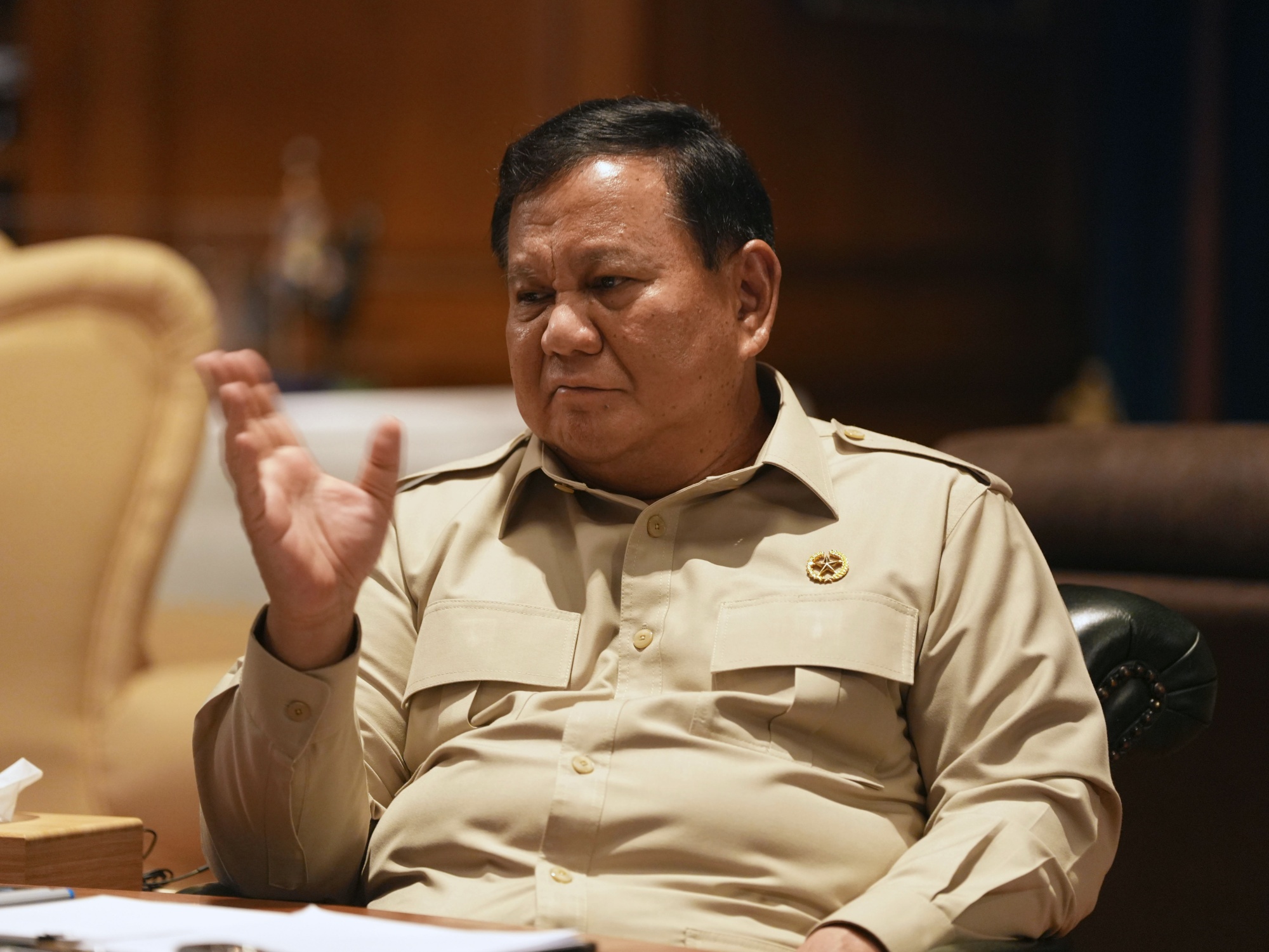 Prabowo during an interview at his residence in Hambalang, West Java on March 14, 2026. Photographer: Dimas Ardian/Bloomberg