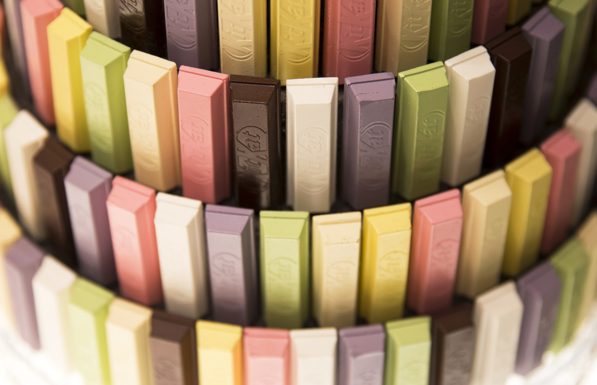 Bars of KitKat chocolate are displayed at the Kitkat Chocolatory Ginza store.
