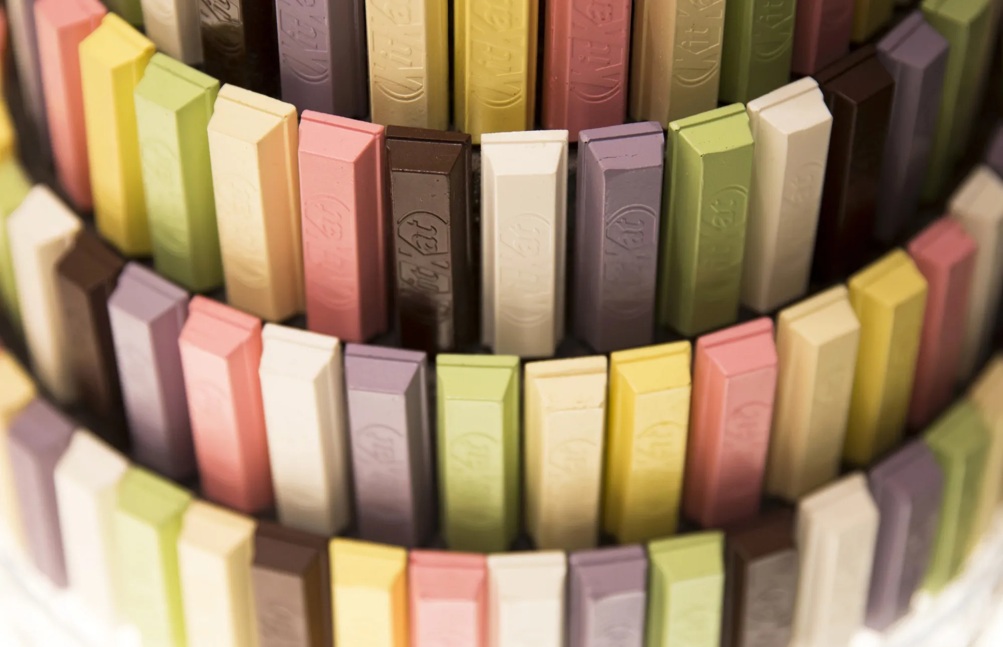 Bars of KitKat chocolate are displayed at the Kitkat Chocolatory Ginza store.
