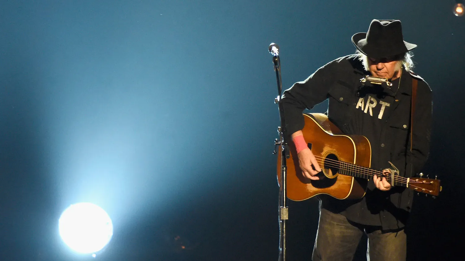 Neil Young performs onstage at the 25th anniversary MusiCares 2015 Person Of The Year Gala honoring Bob Dylan at the Los Angeles Convention Center on February 6, 2015 in Los Angeles.
