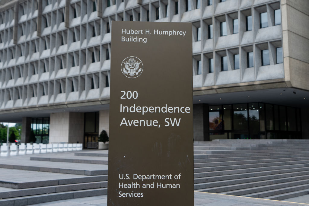 WASHINGTON - MAY 20: The sign for the U.S. Department of Health and Human Services stands in front of the Hubert H. Humphrey Building in Washington on Monday, May 20, 2024. (Bill Clark/CQ-Roll Call, Inc via Getty Images) Photographer: Bill Clark/CQ-Roll Call, Inc.