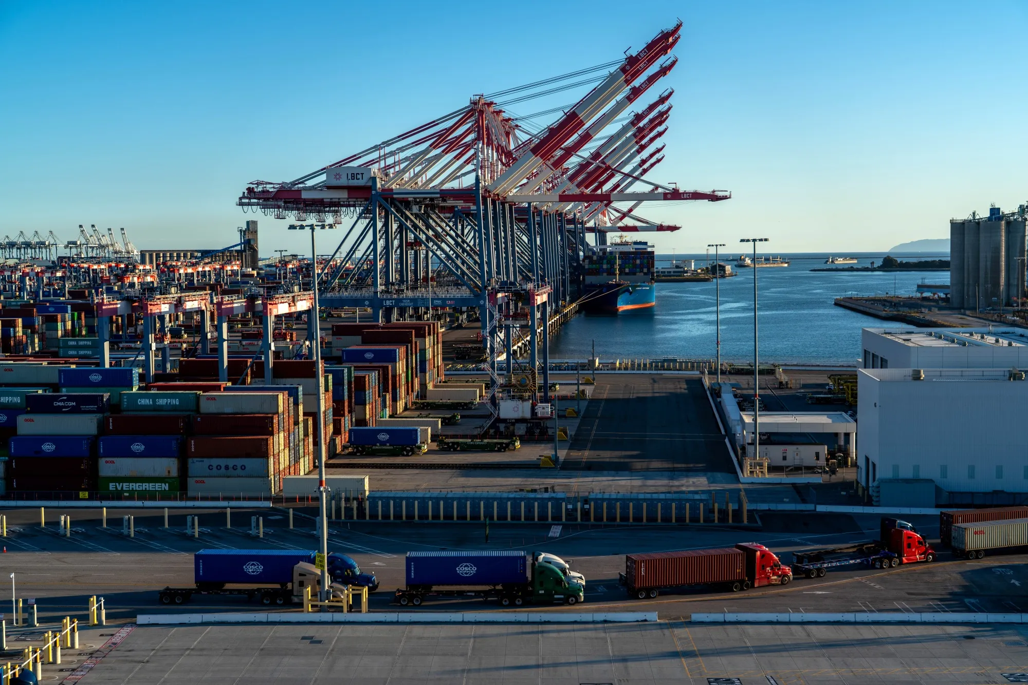Cranes and container ships at the Port of Long Beach in Long Beach, California.