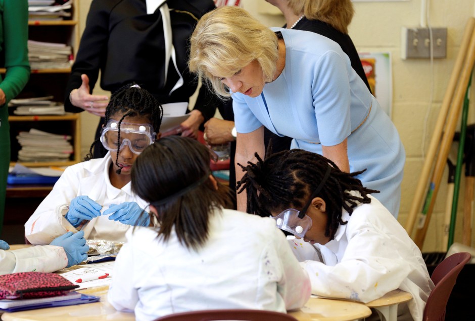 Secretary of Education Betsy DeVos visits a fifth grade science class in a Washington, D.C. charter school.