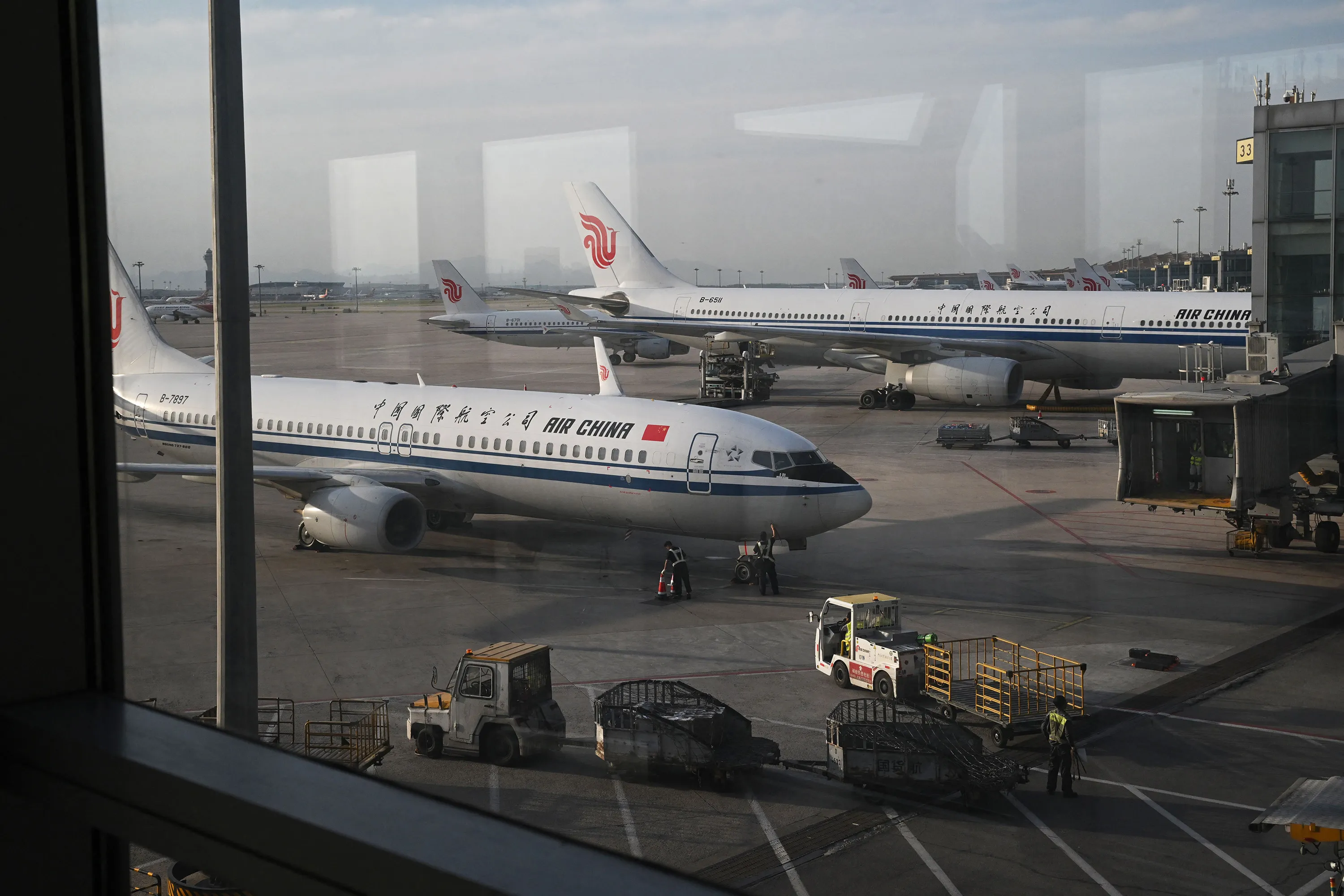 Air China aircraft in the domestic terminal of Beijing Capital Airport in Beijing.