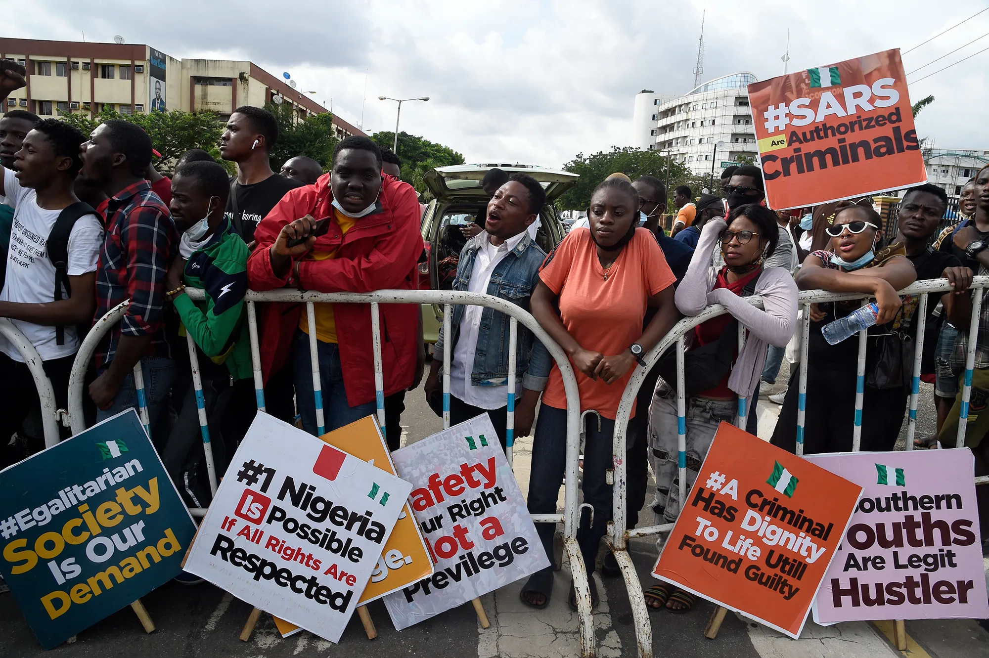 Protesters gather calling for the scrapping of the Special Anti-Robbery Squad, "SARS," police unit, in Ikeja, Nigeria on Oct. 8.