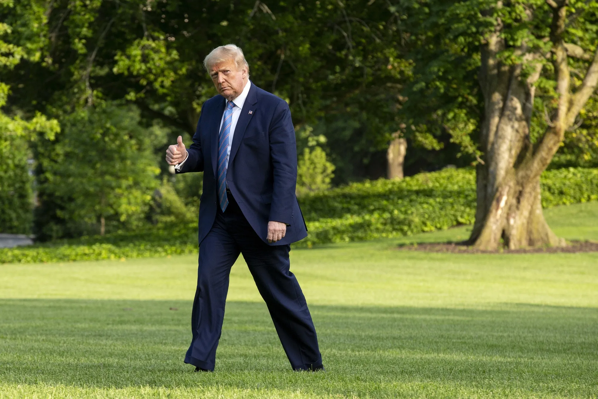 Donald Trump gives a thumbs up while walking on the South Lawn of the White House.