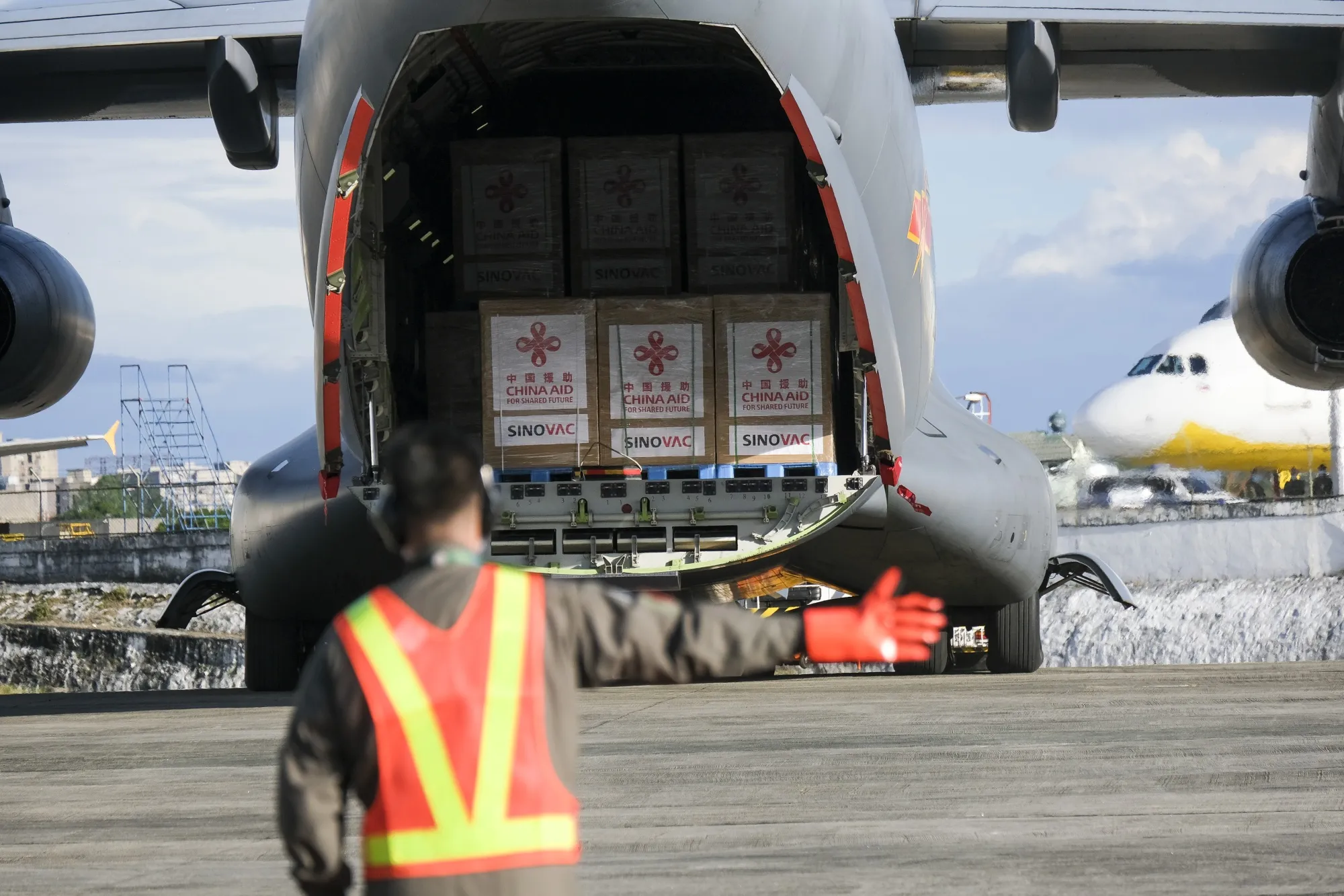 Containers of the Sinovac Biotech Ltd. Covid-19 vaccine arrive on a Chinese military aircraft in Manila, on Feb. 28.