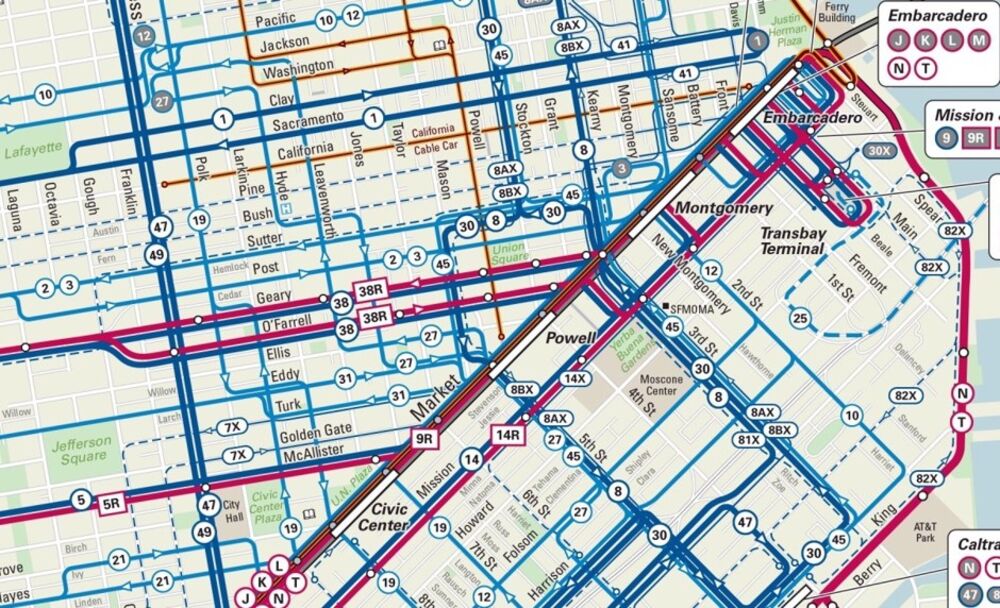 muni san francisco transit map San Francisco S Rider Friendly Transit Map Shows Bus Frequency muni san francisco transit map