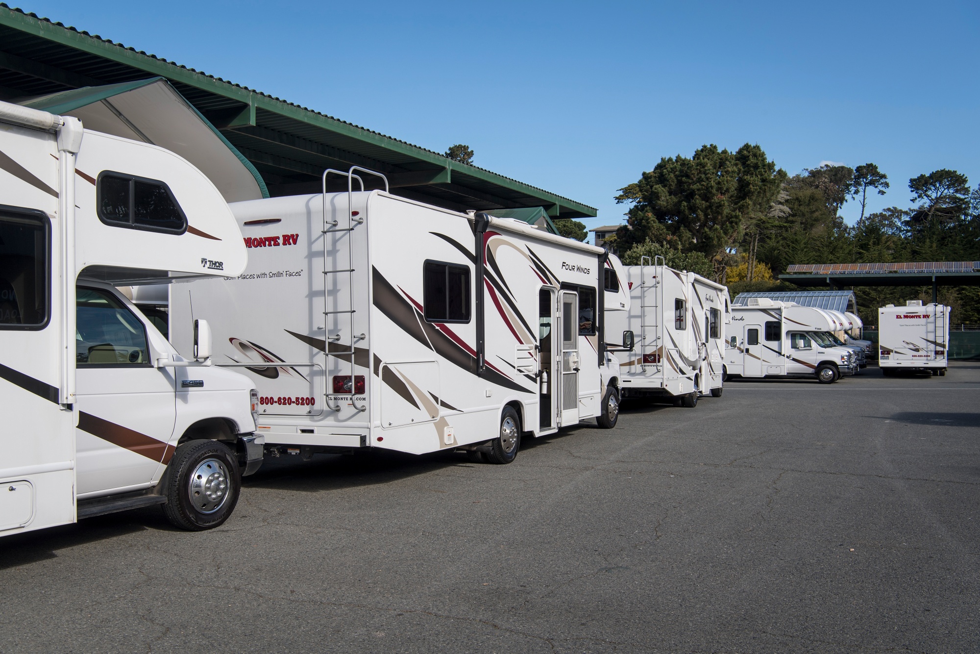Motorhomes stand at a temporary quarantine location in San Francisco on March 11.