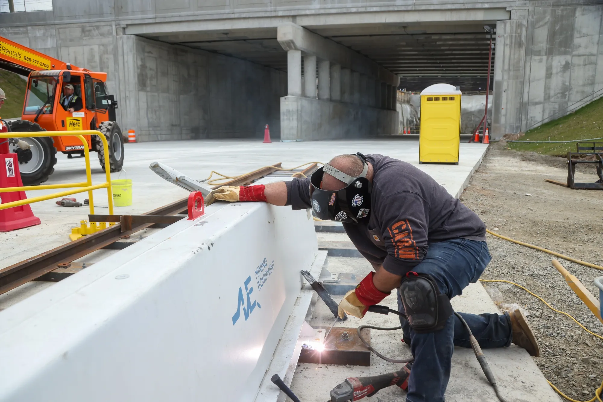 A worker welds a beam at a tunnel construction site&nbsp;in North Bergen, New Jersey.