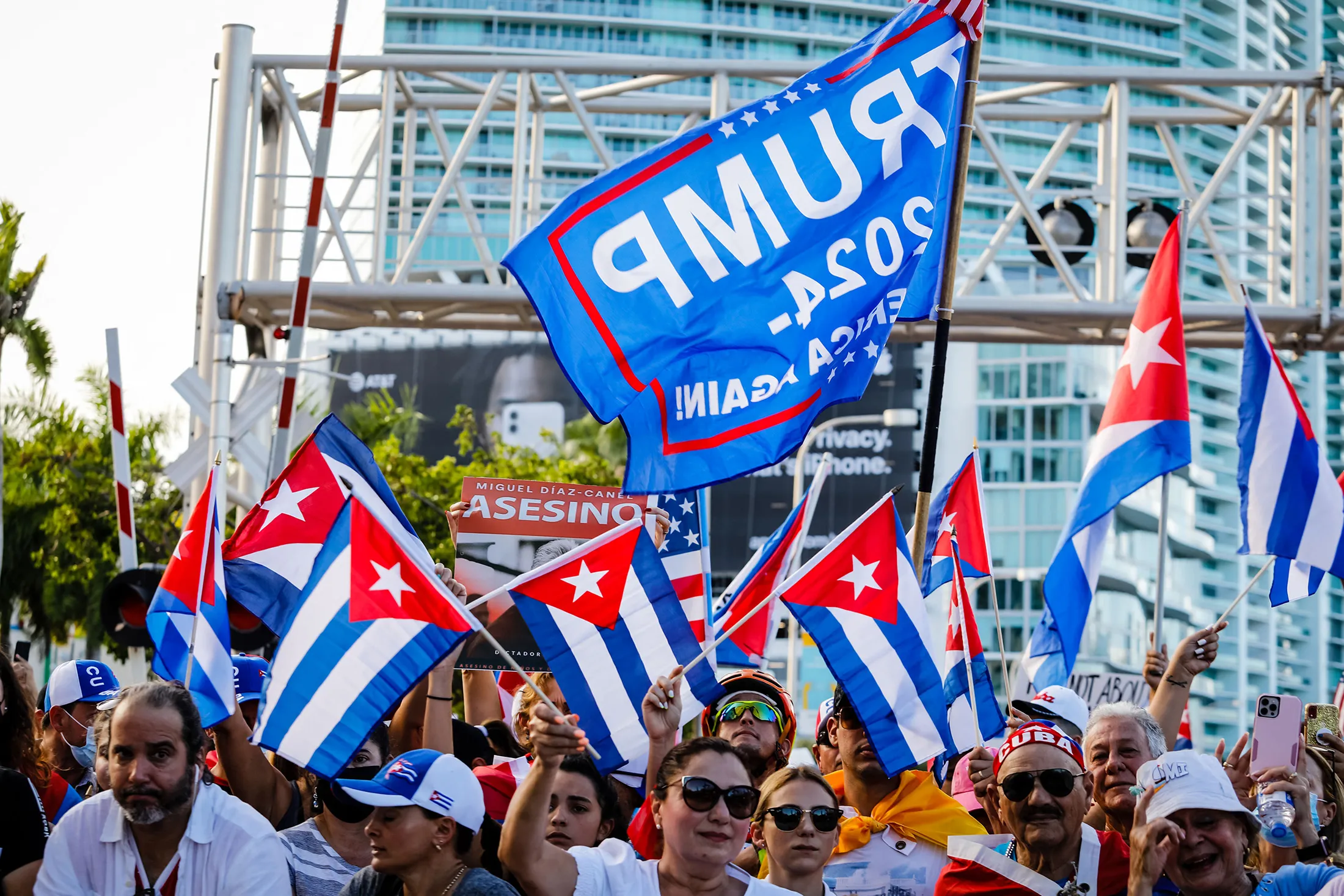 A demonstrator waves a Trump 2024 flag during a Miami rally in support of the widespread antigovernment protests that swept Cuba in 2021.
