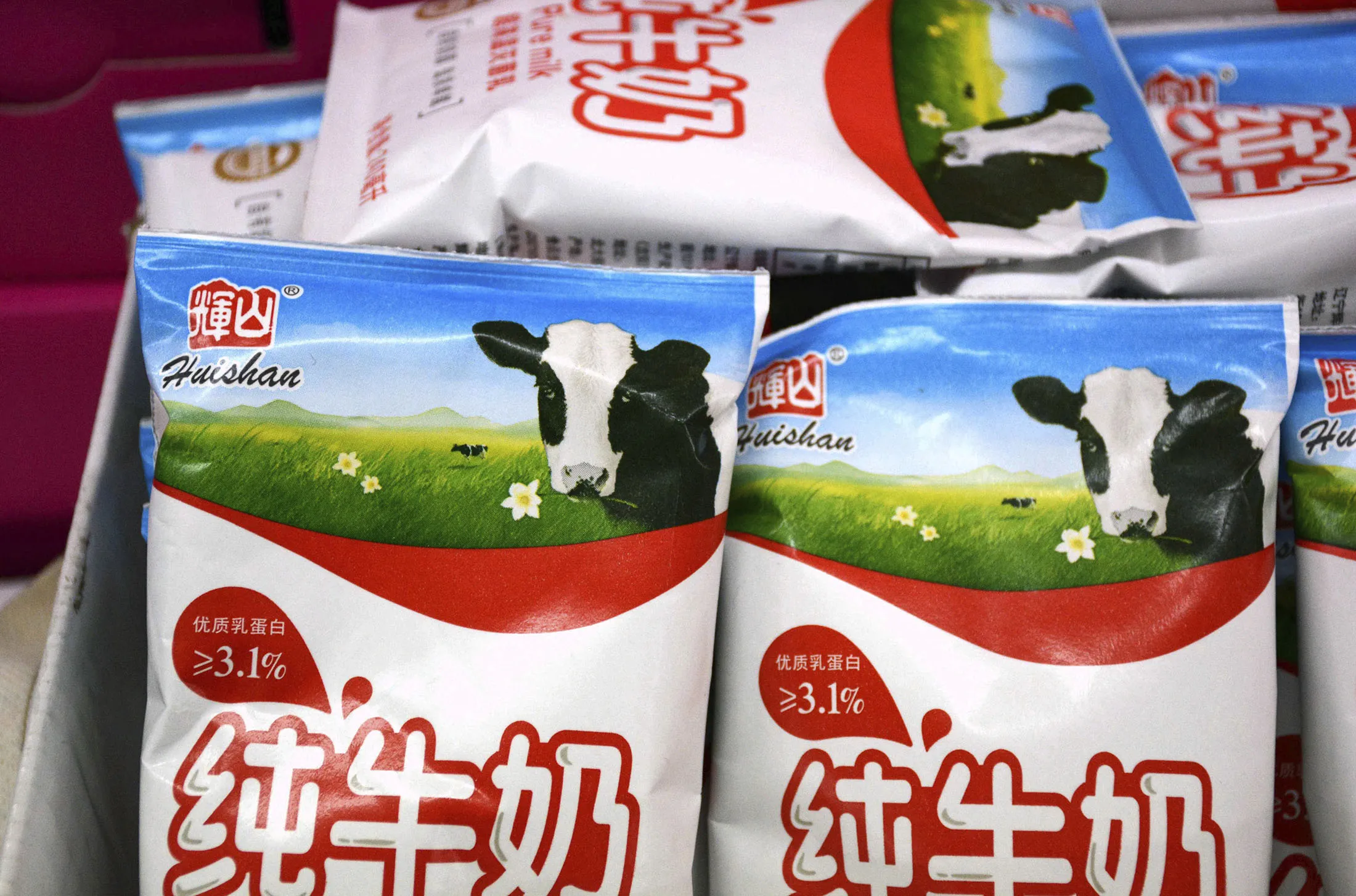 
Bags of Huishan milk at a grocery store in Shenyang.
