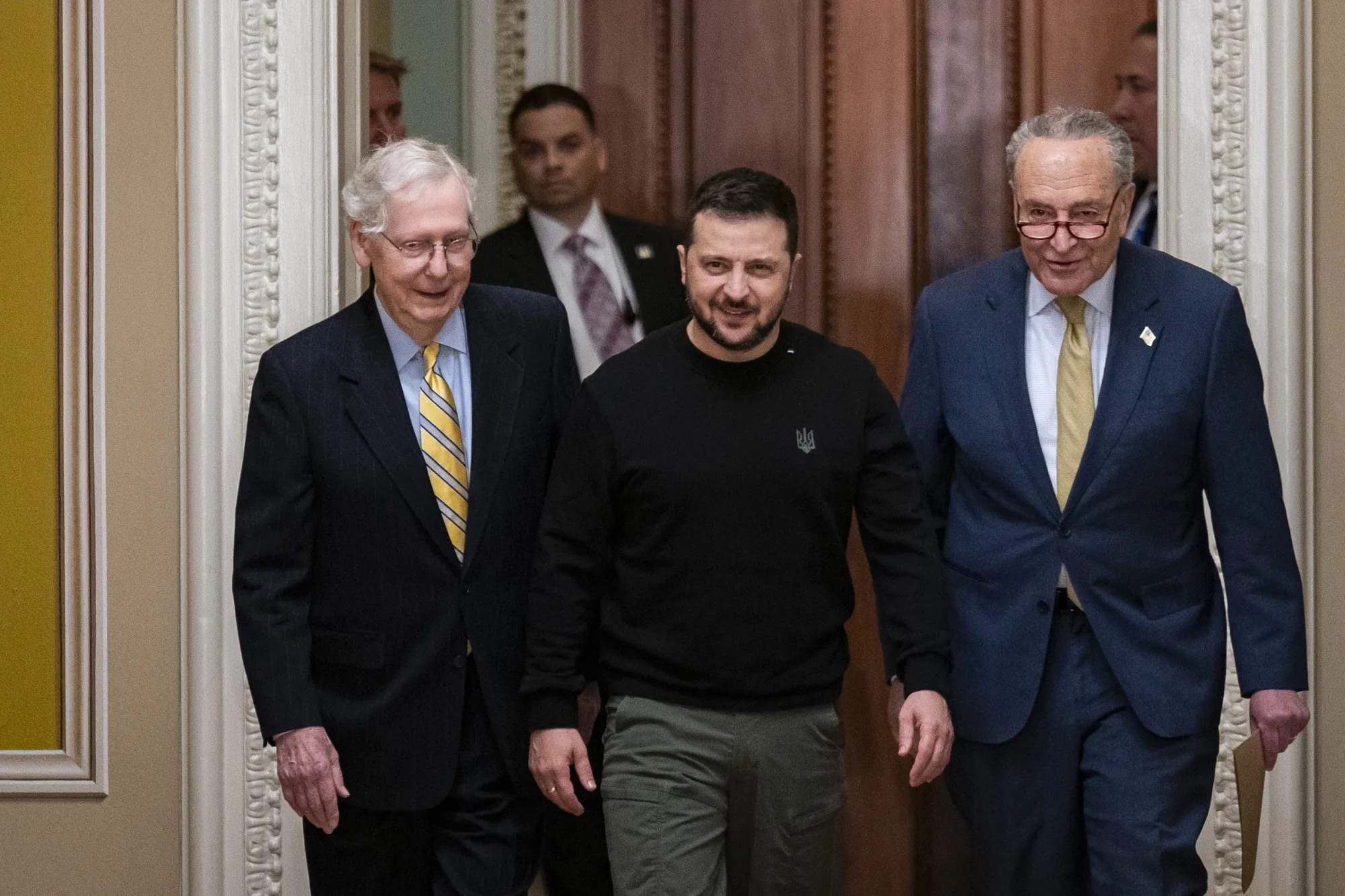 Senate Majority Leader Chuck Schumer, from right, Volodymyr Zelenskiy, Ukraine’s president, and Senate Minority Leader Mitch McConnell, at the US Capitol on Dec. 12. 