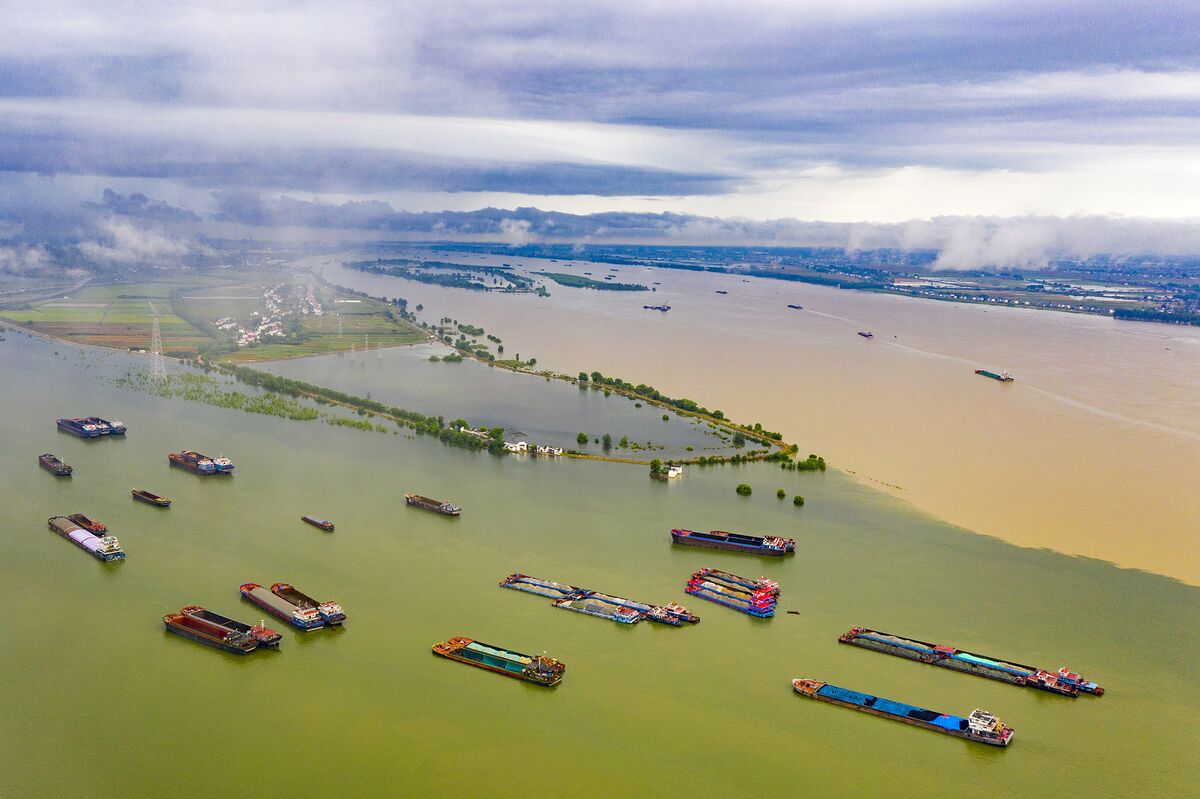 The Poyang Lake and the Yangtze River show two different colors in Jiujiang,Jiangxi,China on 27th July, 2020