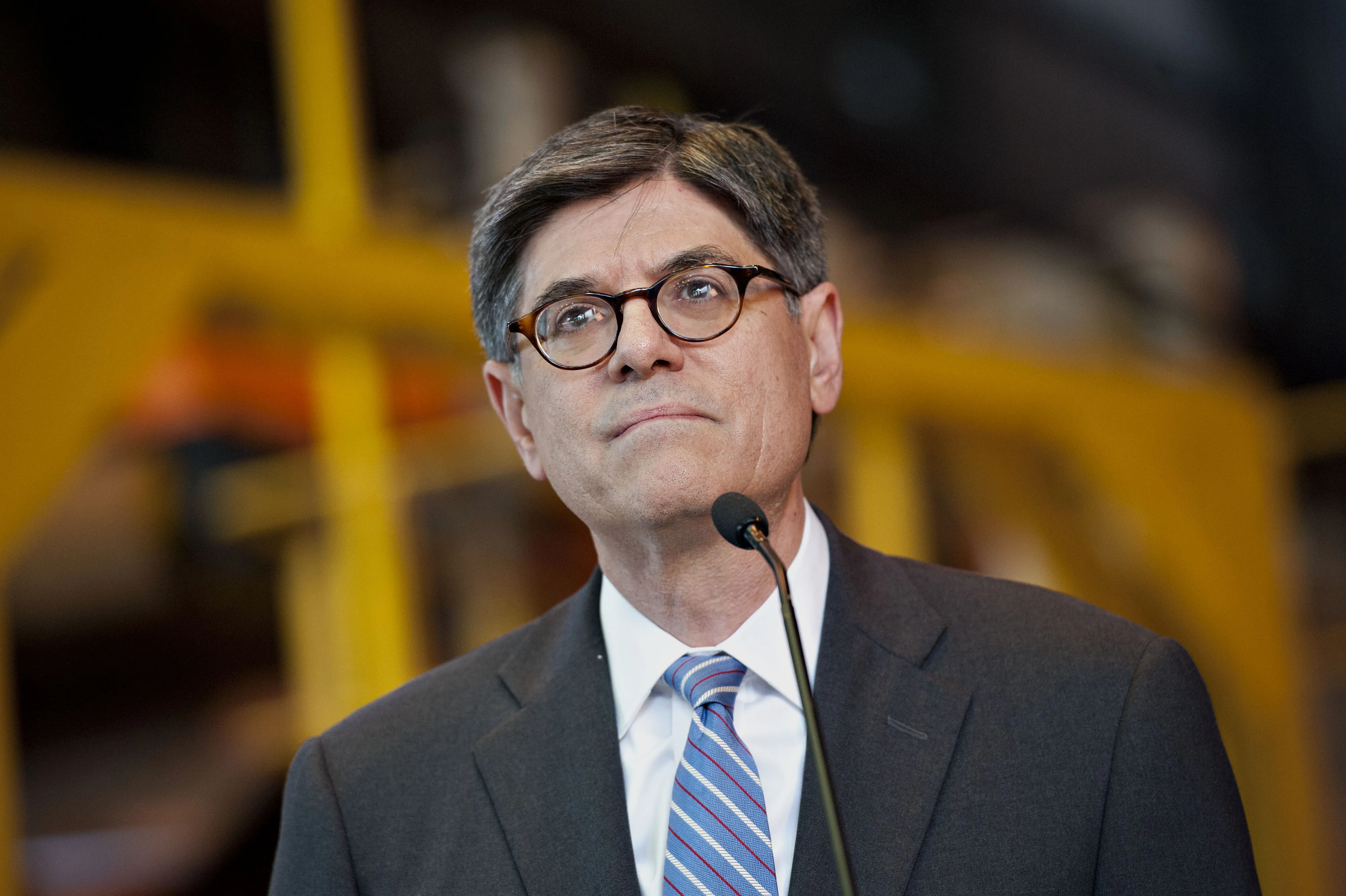 Jacob "Jack" Lew, U.S. Treasury secretary, speaks to the media during a visit to Alcoa's Davenport Works facility in Riverdale, Iowa, on Tuesday, July 29, 2014.
