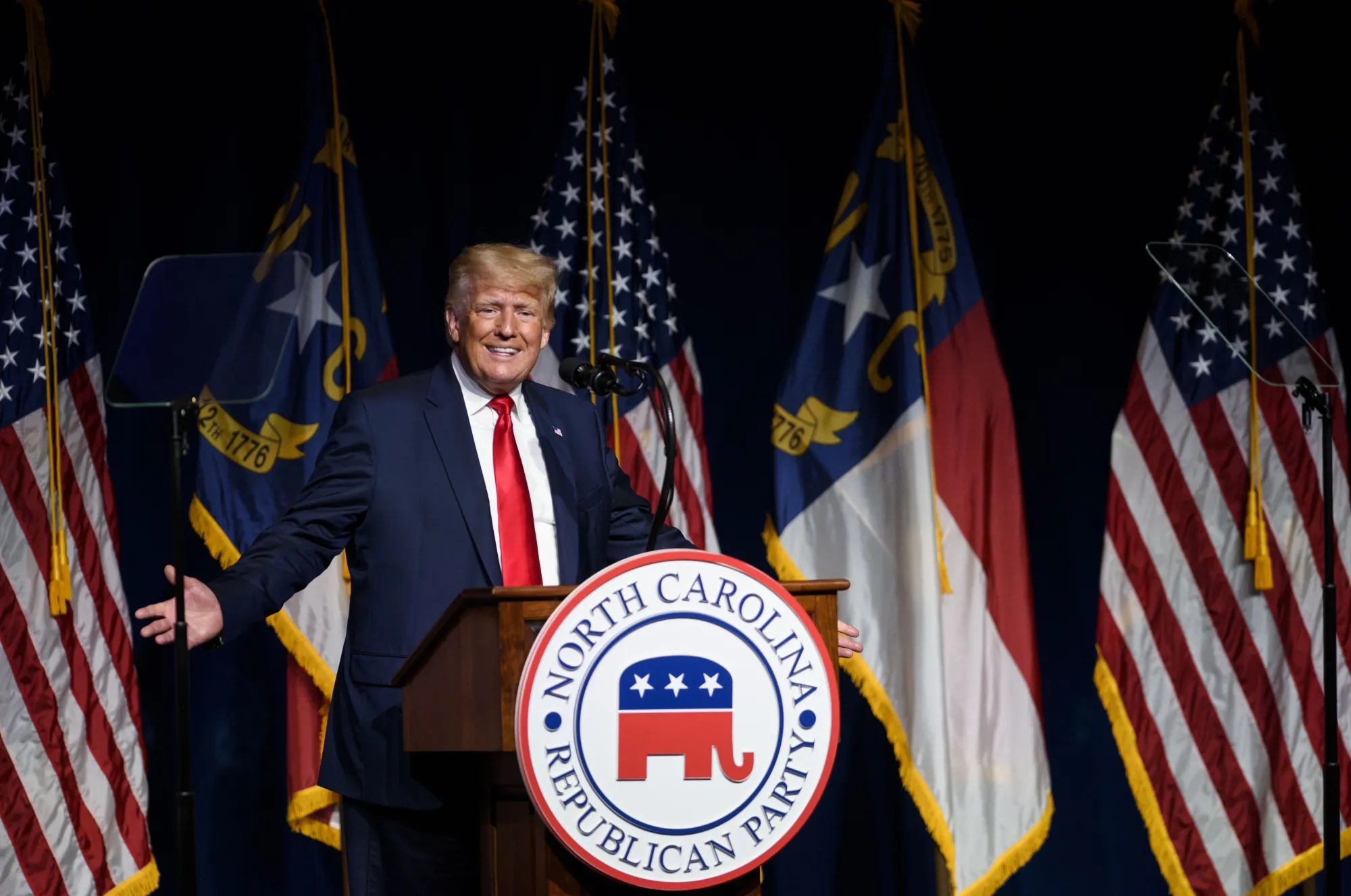 Donald Trump addresses the NCGOP state convention in North Carolina on June 5.