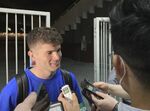 United States' Christian Pulisic talks to reporters after the team clinched a 2022 soccer World Cup berth Wednesday, March 30, 2022, in San Jose, Costa Rica. (AP Photo/Ron Blum)