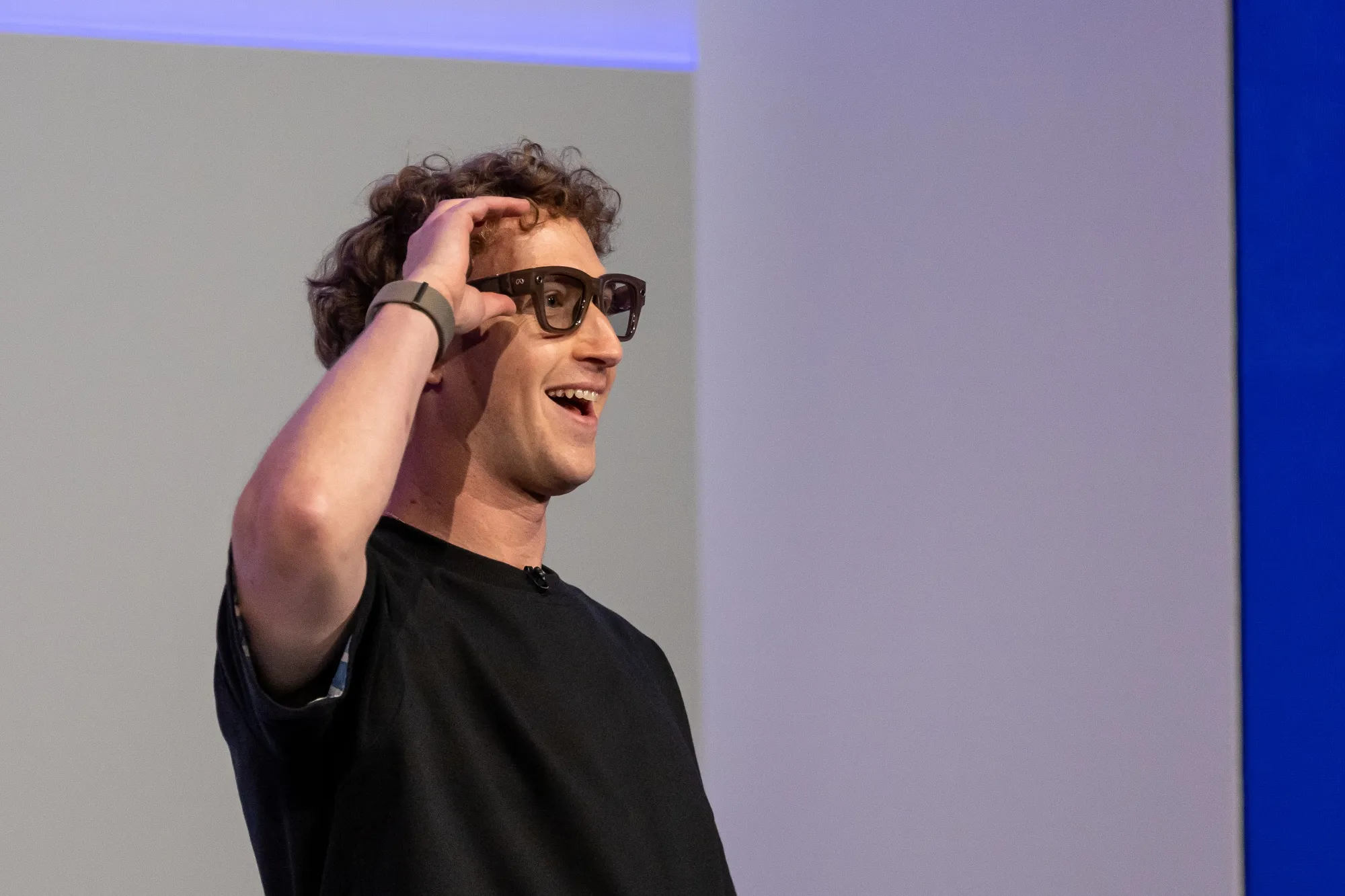Mark Zuckerberg, chief executive officer of Meta, wears a pair of Meta Ray-Ban Display AI glasses during an event last year.