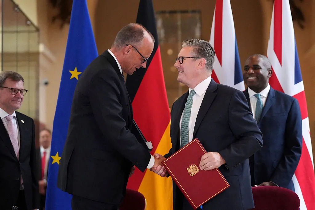 Keir Starmer&nbsp;and German Chancellor Friedrich Merz &nbsp;during a ceremony for the signing of a bilateral cooperation treaty,&nbsp;on July 17.