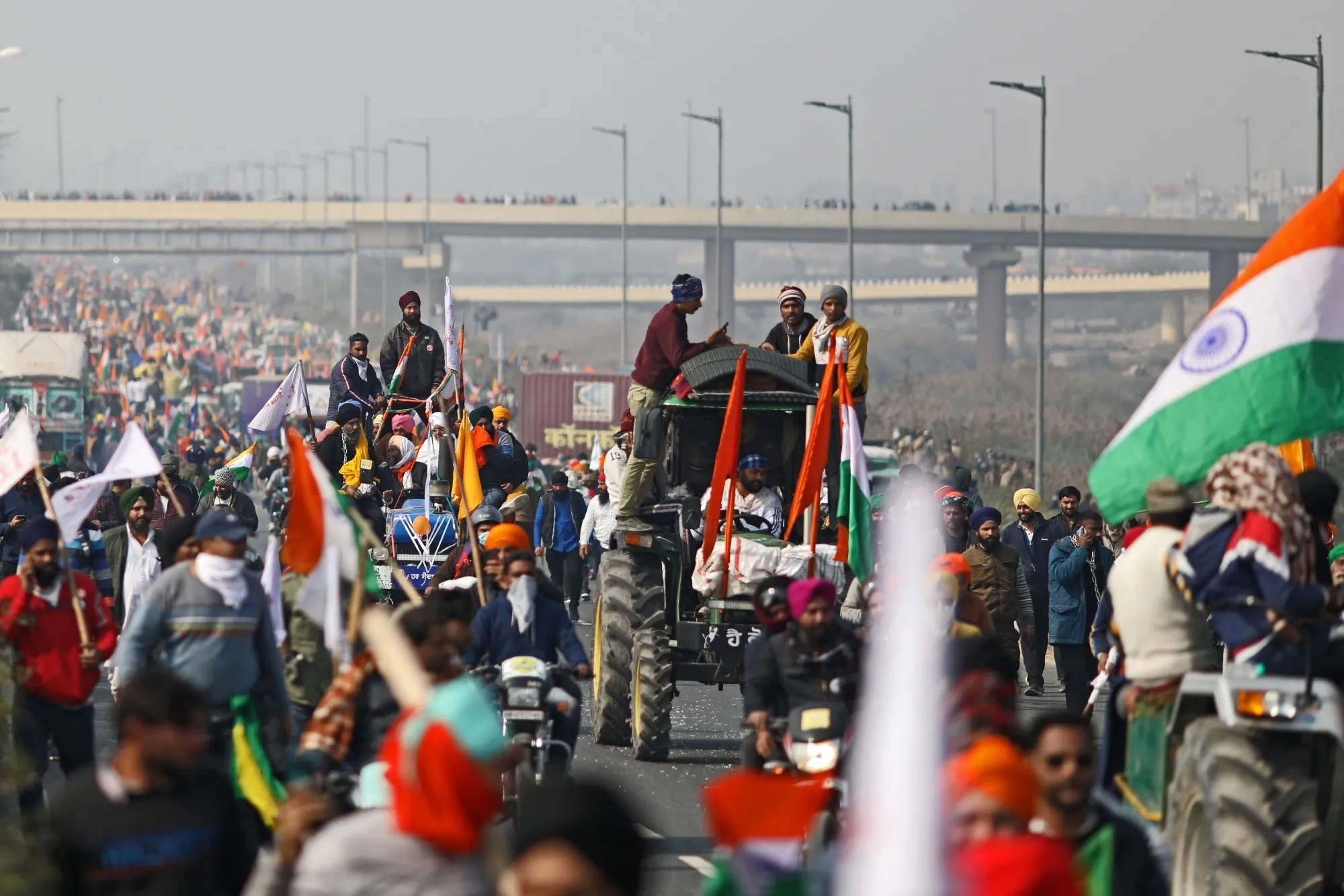 Farmers protest during a tractor rally&nbsp;in New Delhi, India, in January.