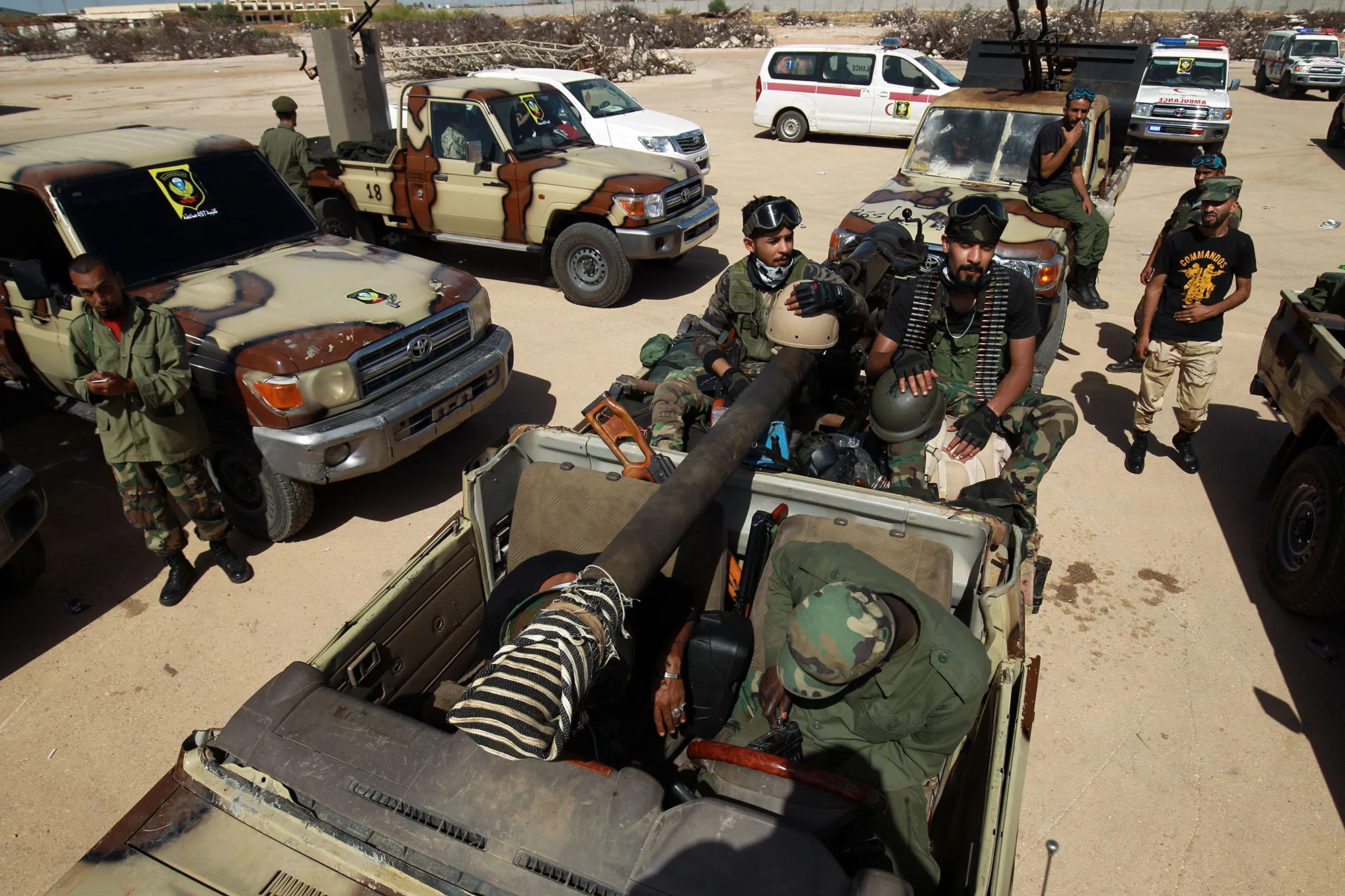 Members of the self-proclaimed eastern Libyan National Army special forces gather in the city of Benghazi on June 18.