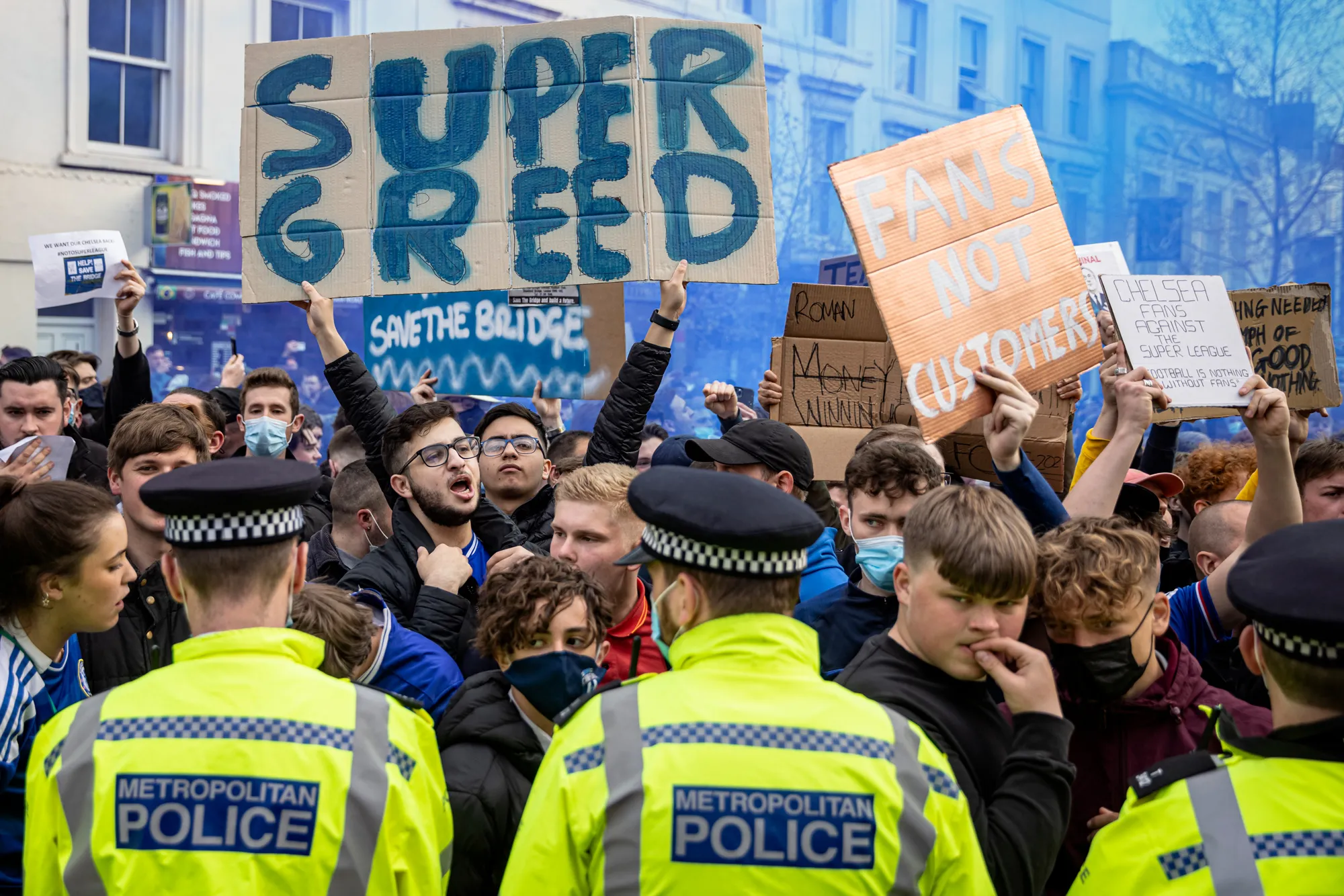 Chelsea supporters protest outside Stamford Bridge stadium in London on April 20.