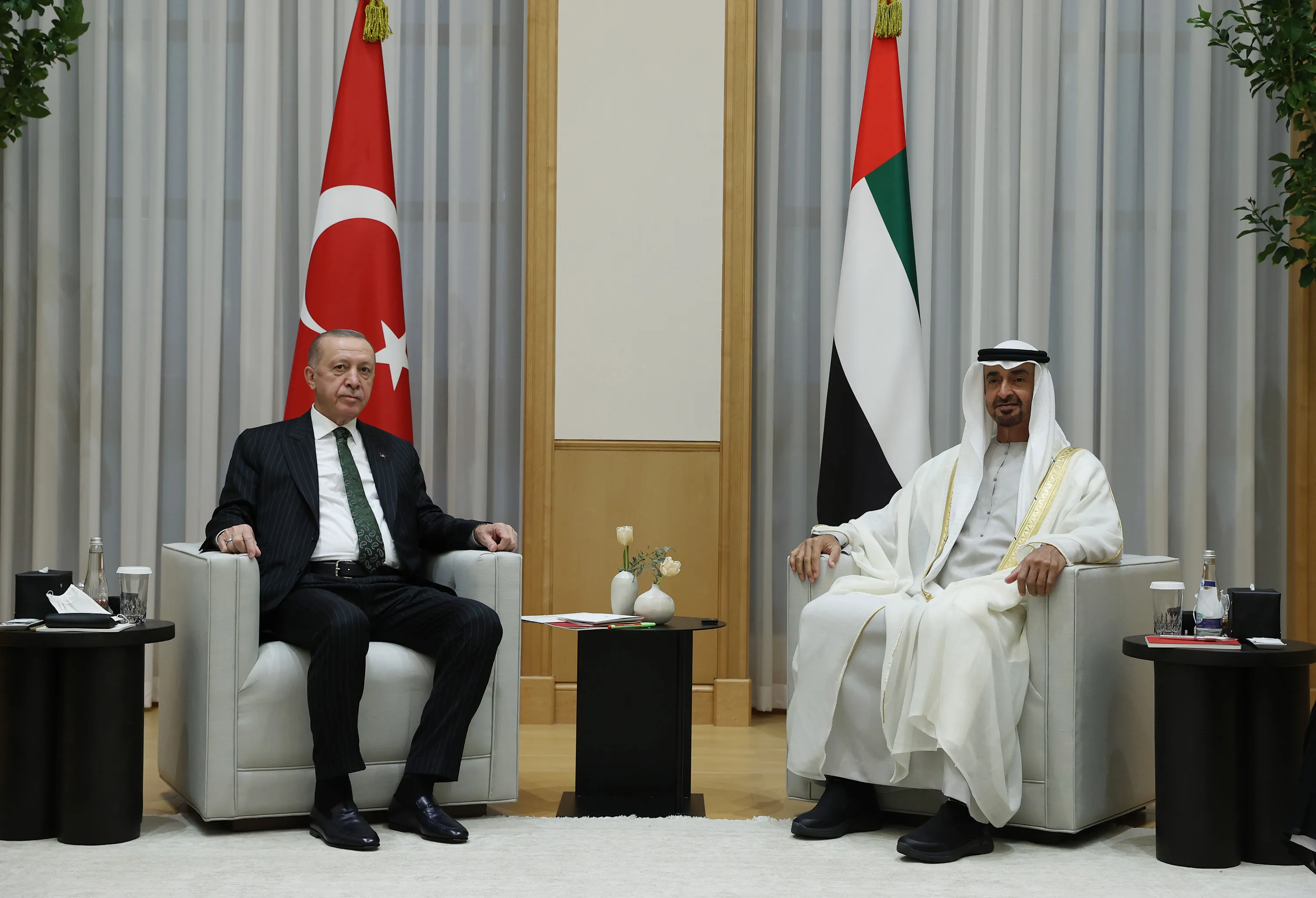 Recep Tayyip Erdogan and&nbsp;Sheikh Mohammed bin Zayed Al Nahyan in Abu Dhabi, United Arab Emirates on Feb. 14.