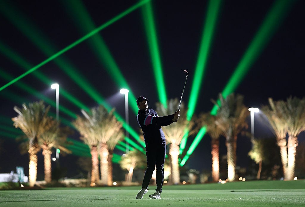 RIYADH, SAUDI ARABIA - FEBRUARY 06: Peter Uihlein of RangeGoats GC plays his second shot on the 18th hole on day three of LIV Golf Riyadh at Riyadh Golf Club on February 06, 2026 in Jeddah, Saudi Arabia. (Photo by Francois Nel/Getty Images)