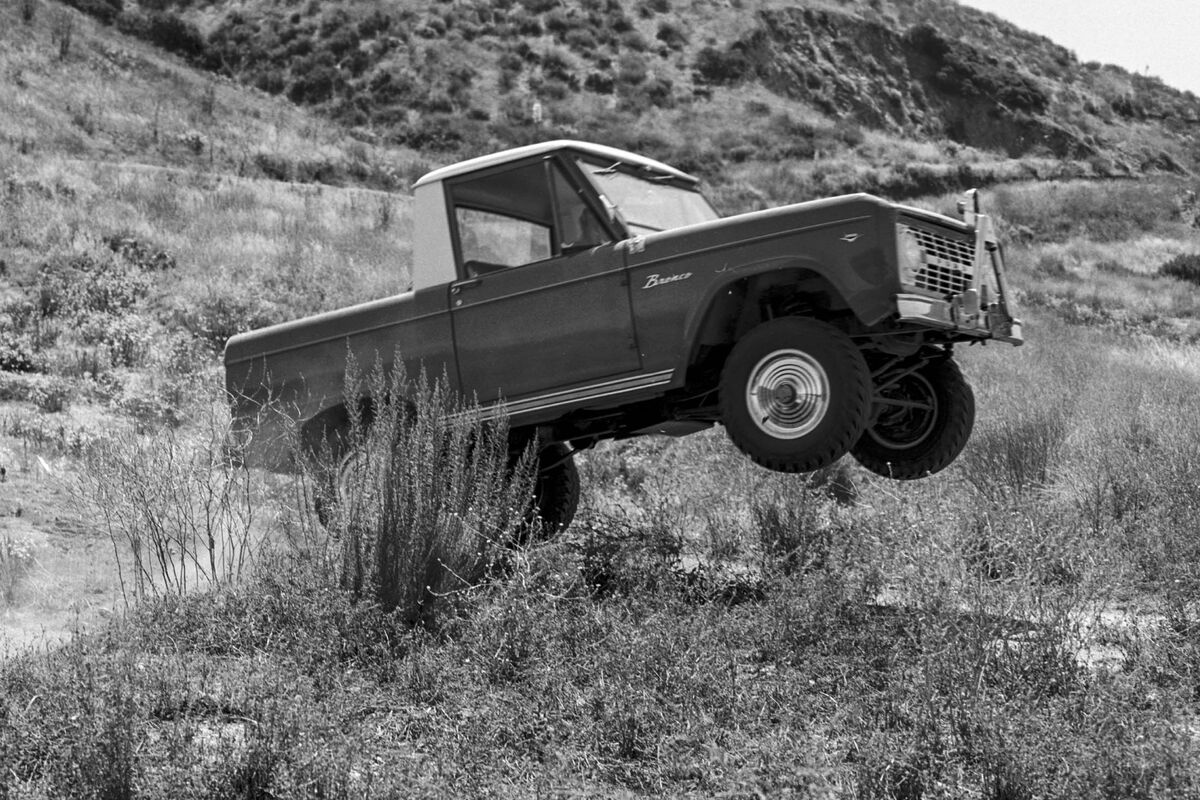 UNITED STATES - JUNE 07: 1966 Ford Bronco Pickup Test. Ford's Bronco with it's standard 6-cylinder engine is quite capable of unseating an unstrapped rider in some what less than the standard rodeo  time of eight seconds. But now with an optional 200-hp, 289-cubic inch V-8, it packes the violence of a Brahman bull. (Photo by Pat Brollier/The Enthusiast Network/Getty Images)
