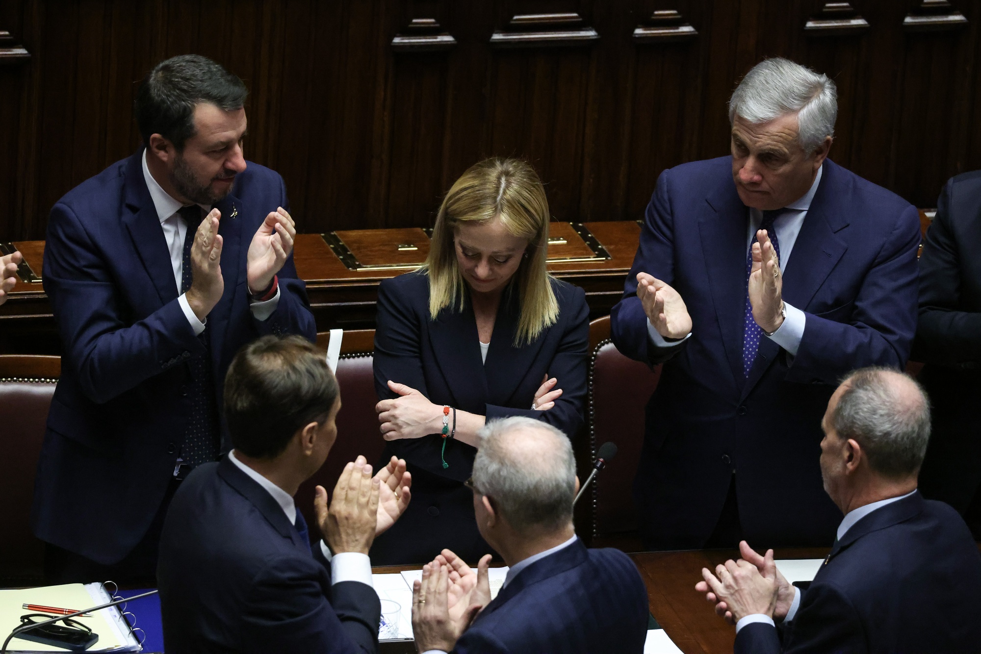 Italy’s Prime Minister Giorgia Meloni, center, at the end of a parliamentary session featuring her maiden speech in Rome,&nbsp;on Oct. 25.