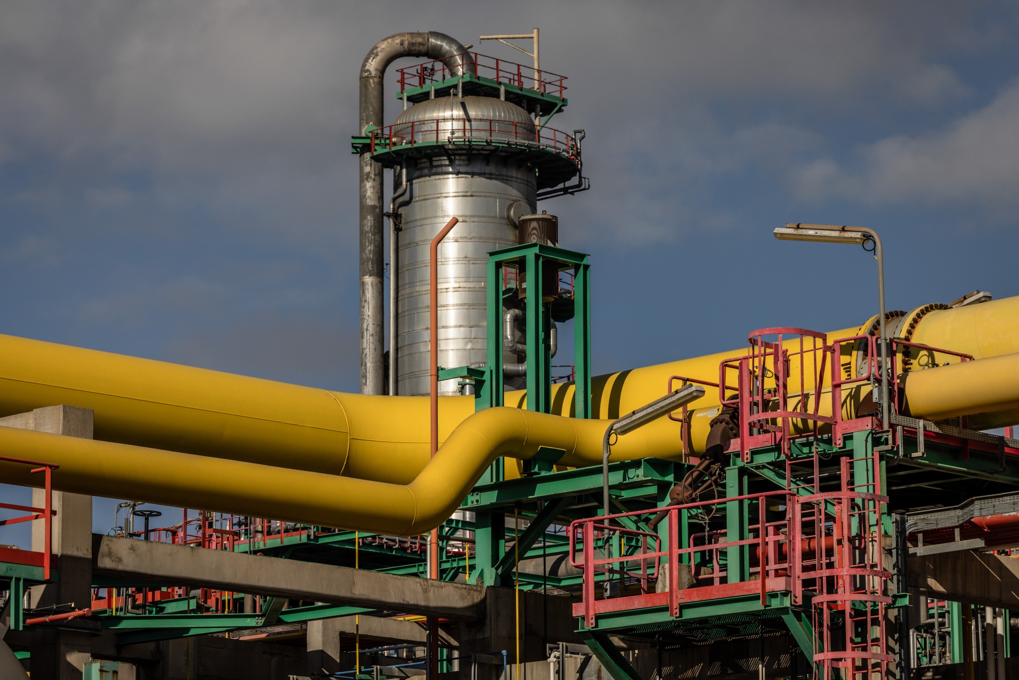 Pipelines and processing structures at a refining complex in Cartagena, Spain.