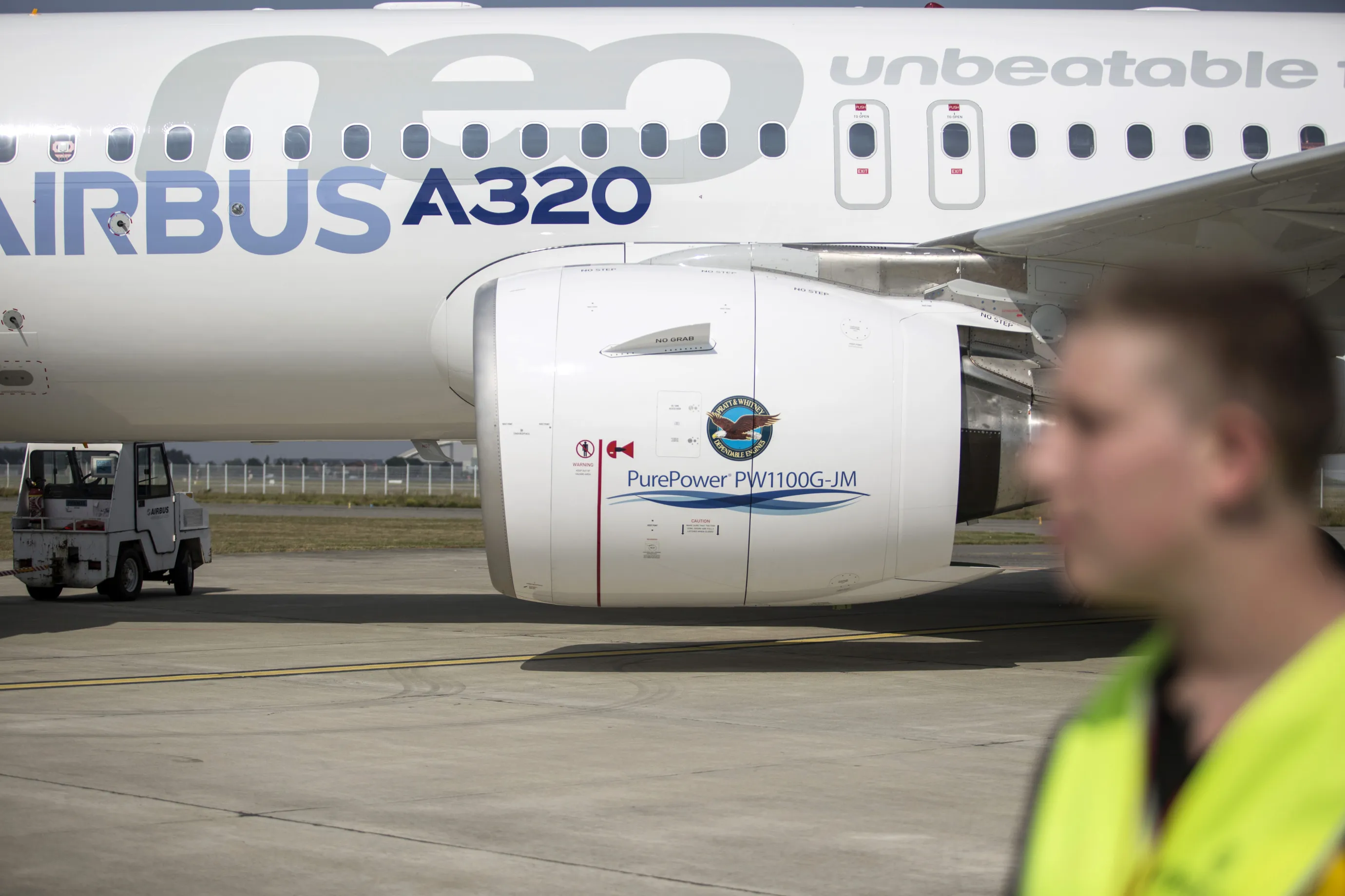 An Airbus A320&nbsp;aircraft and its Pratt &amp; Whitney jet engine after a&nbsp;flight at Toulouse-Blagnac Airport in Toulouse, France.