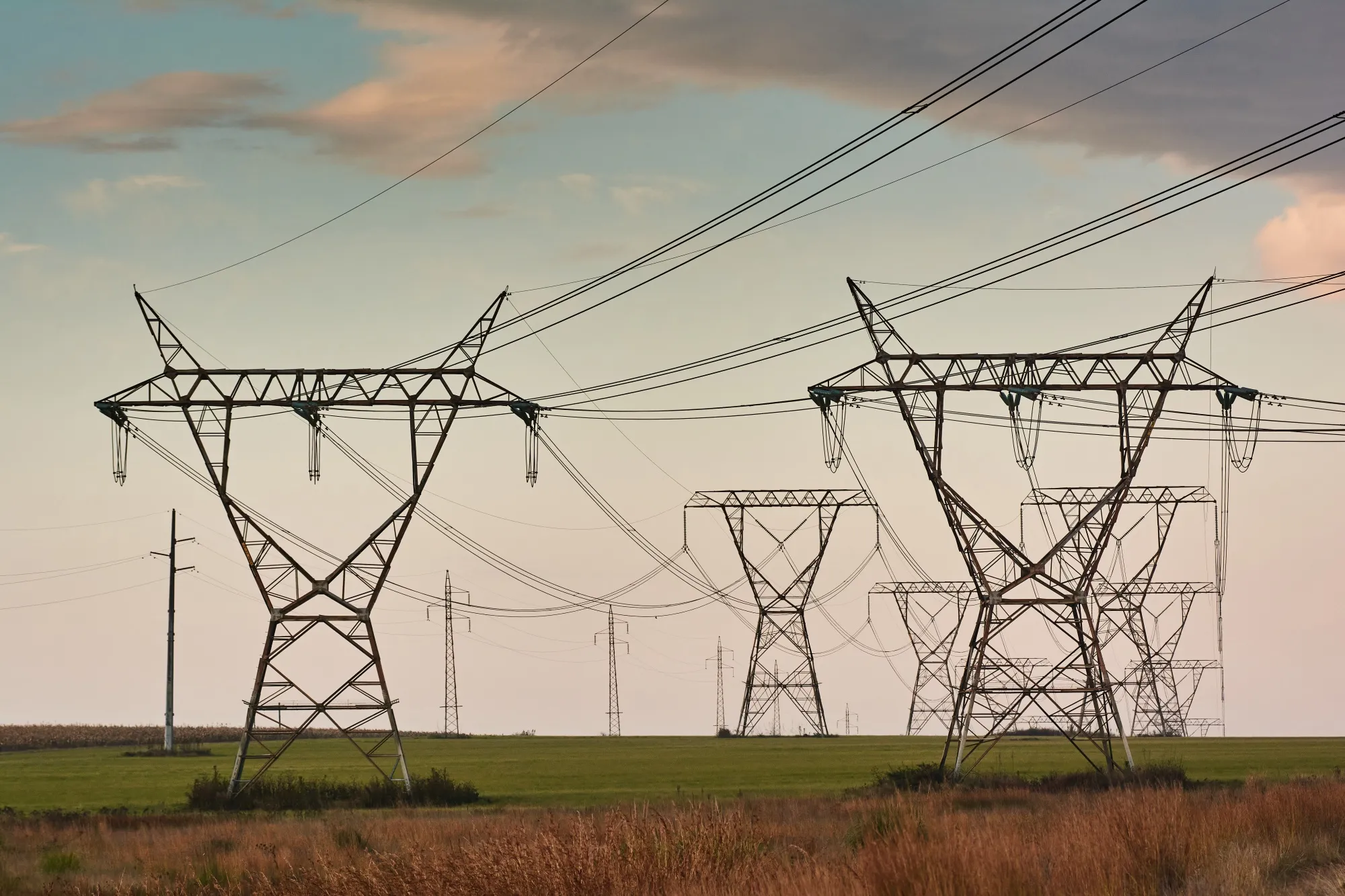High voltage electricity transmission towers in Mpumalanga, South Africa.