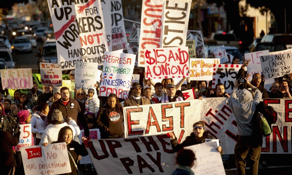 Demonstrators in Oakland, California, demanding an increase in worker wages.