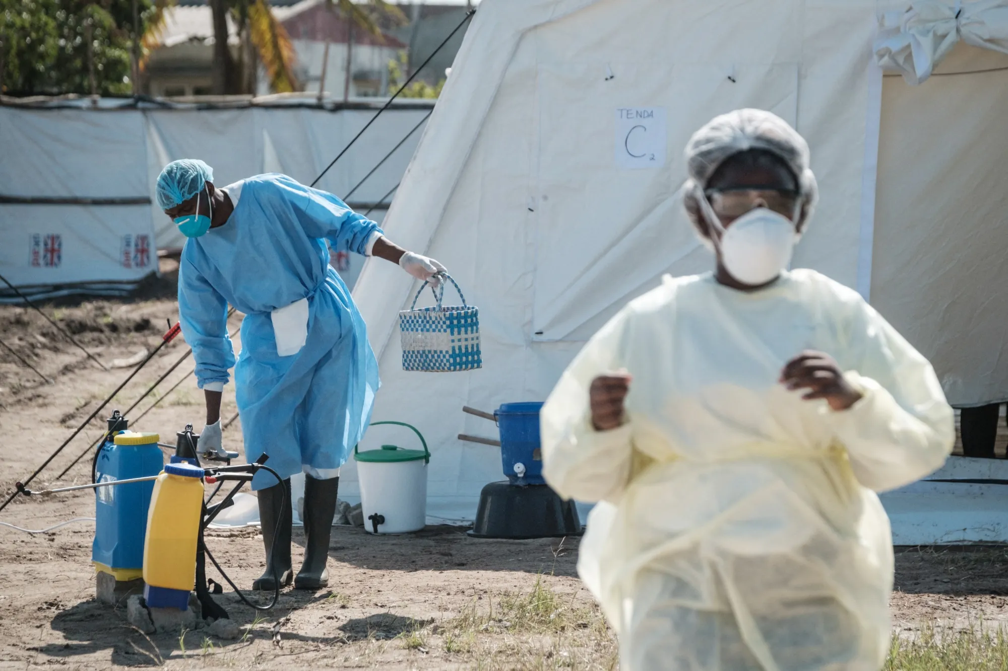 Medical staff disinfect&nbsp;a equipment&nbsp;beside a cholera treatment tents in Beira, Mozambique.