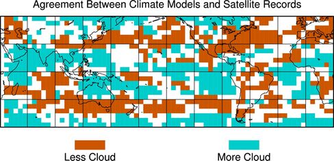 This graphic shows where the majority of climate models and the majority of satellite records agree on how cloudiness changed from the 1980s to the 2000s.