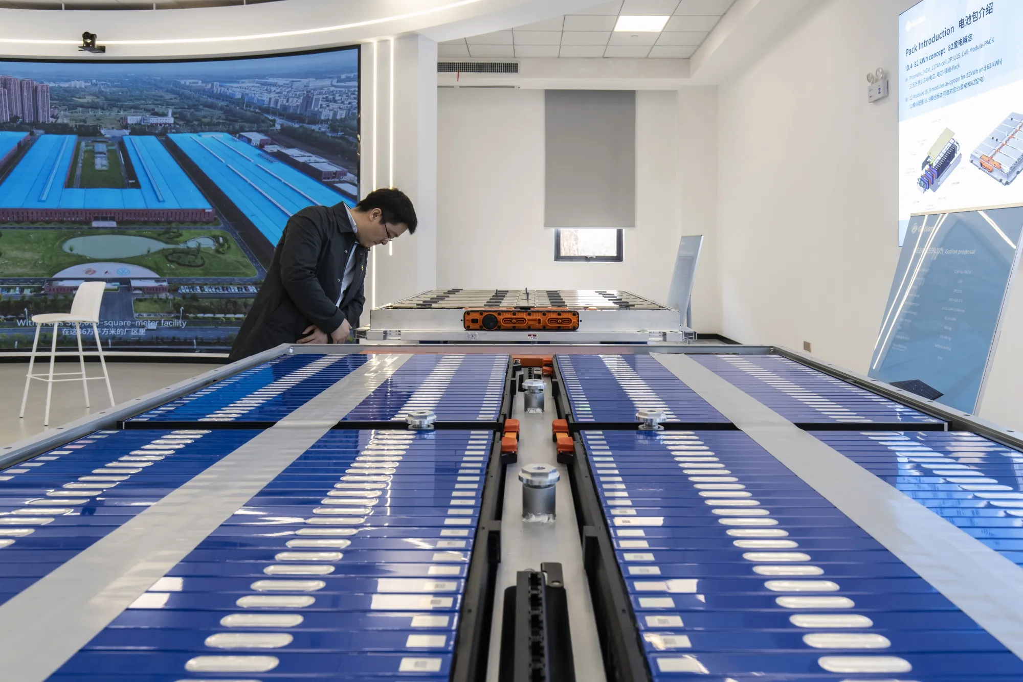 Batteries for Volkswagen electric vehicles on display at a Gotion High-tech Co. production facility in Hefei, China.
